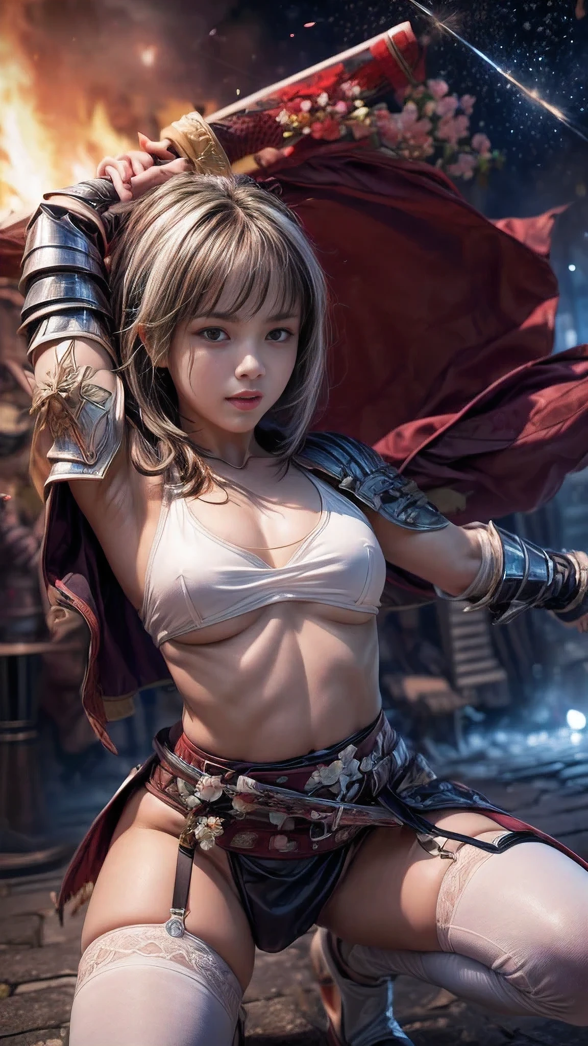 young woman,Oiran,warrior,((wielding a huge_weapon:1.8)) very detailedな, realistic,((seductive smile)),((from front:1.6)),((View from below the subject)),((Squat and spread your legs)), Brilliant Appearance , Creative Action, extremely detailed, Imaginative, sensual, spontaneous , top quality, skin texture, ((very short hair :1.8)),((white hair:1.8)),((muscular female:1.3)), toned body , plump thighs,((small breasts:1.6)),((sideboob:1.4)),((pure white, leather armor :1.6)),(Pure white leather armor :1.6),((pure white archmage robe:1.3 )) ,(( black cloak with scabbard:1.3)), (( pure white ruffled skirt)),Black shin guards,(( garter belt:1.3)) , white tights, absolute domain, intricate details in the tatami room ,((cinematic lighting)),(( Battlefield burning in flames :1.5)),((Dazzling Light)),((Meteor shower:1.4)),((gypsophila background:1.8)), ((gypsophila petals:1.8)), ((gypsophila petals dancing in the wind:1.8)),((Kasumigusa flowers in full bloom are blooming after the subject :1.8)),(( Kasumigusa flowers in full bloom are blooming in front of the subject:1.8)), (confetti), RAW photos , 8k, masterpiece, top quality, ultra detail, very detailed, intricate details in the tatami room , high resolution,超 intricate details in the tatami room, very detailed 8k cg wallpaper,