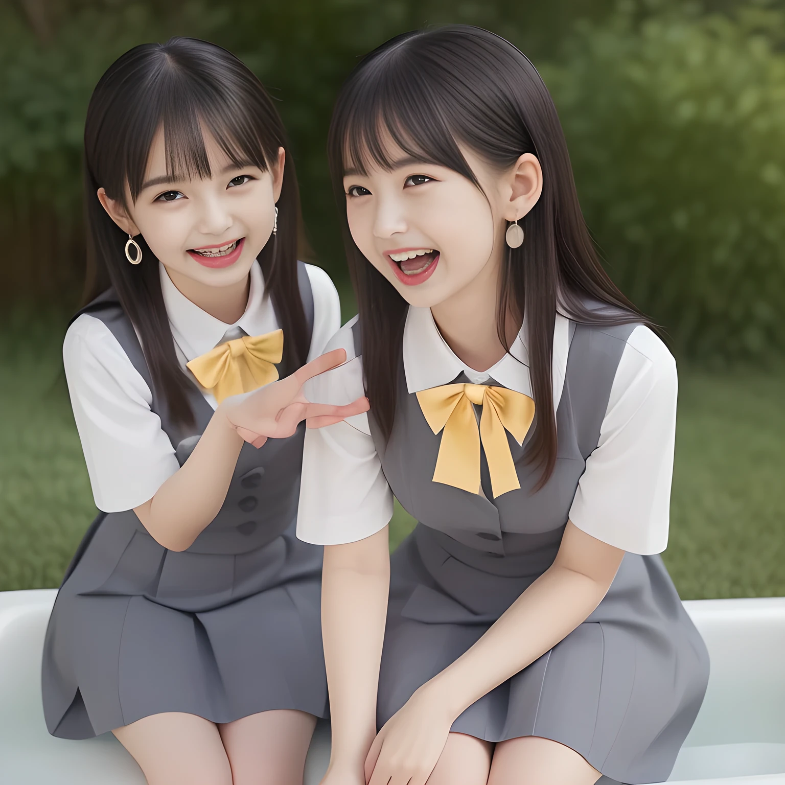 (highest quality, masterpiece, high resolution:1.2), 4K, (Photo quality detailed foreground: 1.2), geometry, ((bewitching naughty rascal younger sister succubi twins) (make fun of the viewer's very sensitive body and move together rhythmically) in the viewer's clear lewd fetish dream. Girls twins of Cute noble girly very-long-hair Japanese photo model are seated in (a gorgeous lascivious bathtub) and can't stop kissing the viewer and looking at the viewer with her (too beautiful eyes like laughing fashion model), (hiding her laughing mouth with her fingers as Japanese young girls do): 1.5), (Using expensive face-whitening cosmetics to make her skin more beautiful and pure by professional makeup artist: 1.5), (devious girlish fascinating laughter in bliss, devious girlish pose: 2.0), Laughing cutely, ((Light-Gray) Japanese school girly vest Uniform with neat girly light-yellow short-sleeves school blouse, puffed short sleeves: 1.2), (Dark blue glossy glossy school ribbon on the breast: 1.0), (Extremely laughing cheeks: 1.8), (Beautiful light-amber large clear open eyes with balanced and detailed cutely: 1.4), (double eyelids: 1.0), (highly curled bangs: 1.2), (Glossy lips: 1.0), (very expensive earrings with gems: 1.2), (white and clear skin: 1.0), (Laughing cute princess's eyes looking at me: 1.2), (Very shy, cute, slender, pretty, pretty, too girly & Girlish: National Beautiful Girl Grand Prix winners twins in the viewer's clear lewd fetish dream: 2.0), (The girls know well about the viewer's super fetishism for school uniforms, and satisfies it completely with her hands and skirts deeply (in the viewer's clear lewd deep dream): 1.3)
