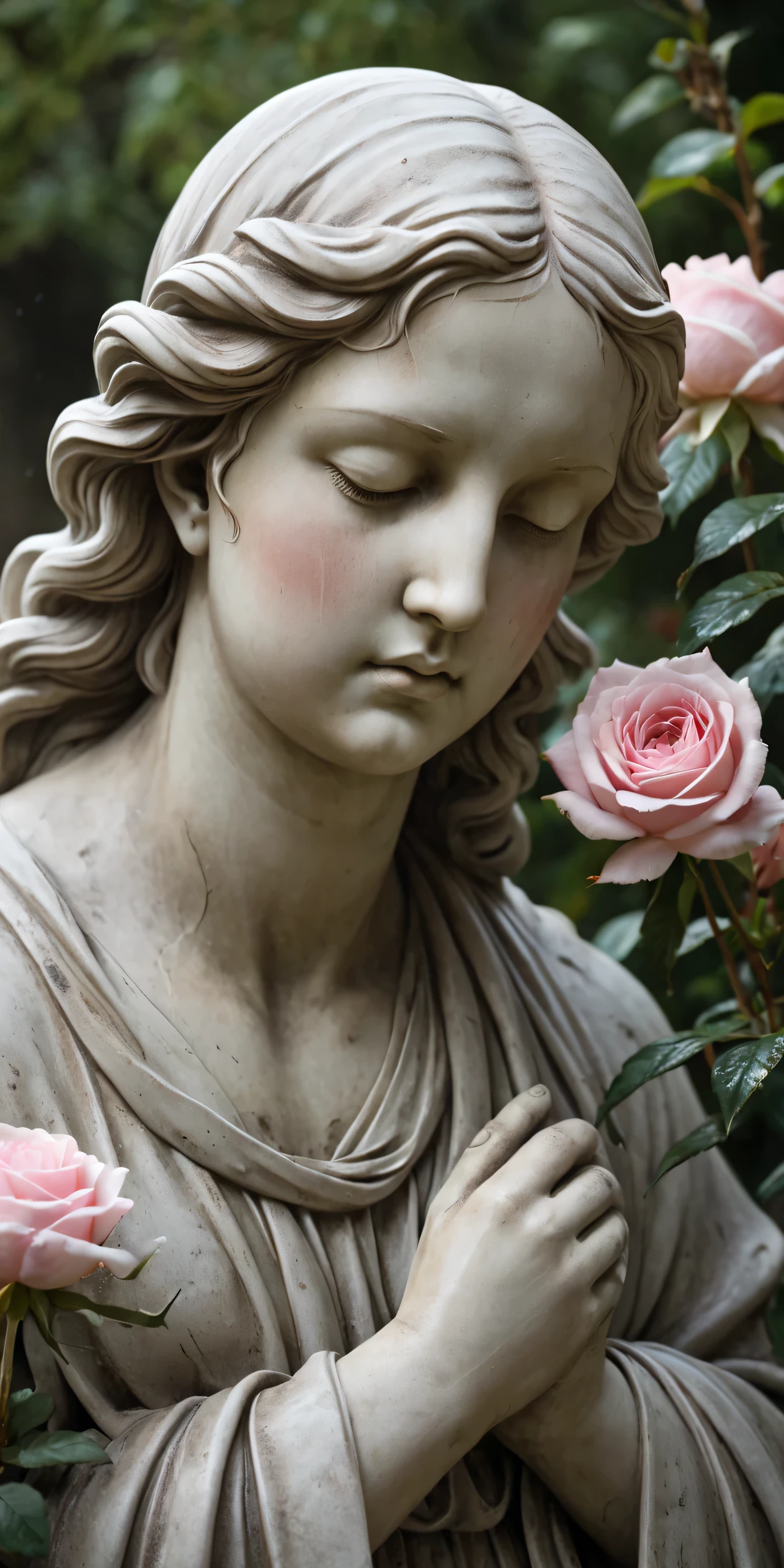 A sorrowful angel statue, draped in flowing, light taupe-colored robes, with voluminous, rosy-pink wings. The angel's face is serene, with a melancholic expression, gazing downward. The statue is surrounded by a bouquet of soft, delicate pink roses, with subtle variations in shading creating depth. The background is a blurred, out-of-focus scene of dark foliage and misty rain, adding a sense of ethereal atmosphere. The lighting is diffused, casting soft shadows. The image evokes a sense of tranquility and mourning. Hyperrealistic rendering, focusing on detail and texture. The statue's stone-like material is realistically portrayed with smooth transitions and delicate lines. Soft, muted color palette.