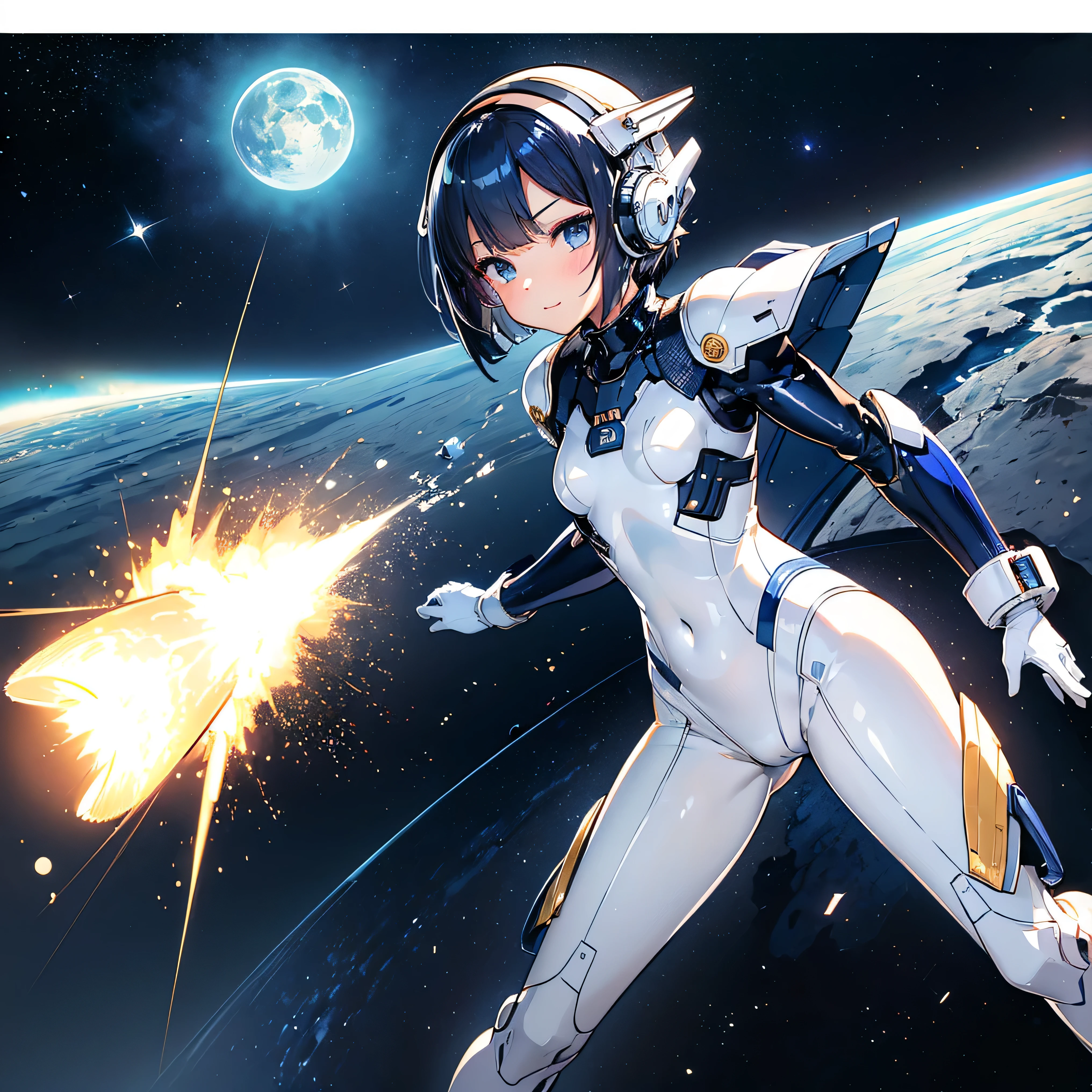 Highest quality,Highest Resolution,A beautiful android girl from the future who travels through space,Earth in the background,Milky Way,
