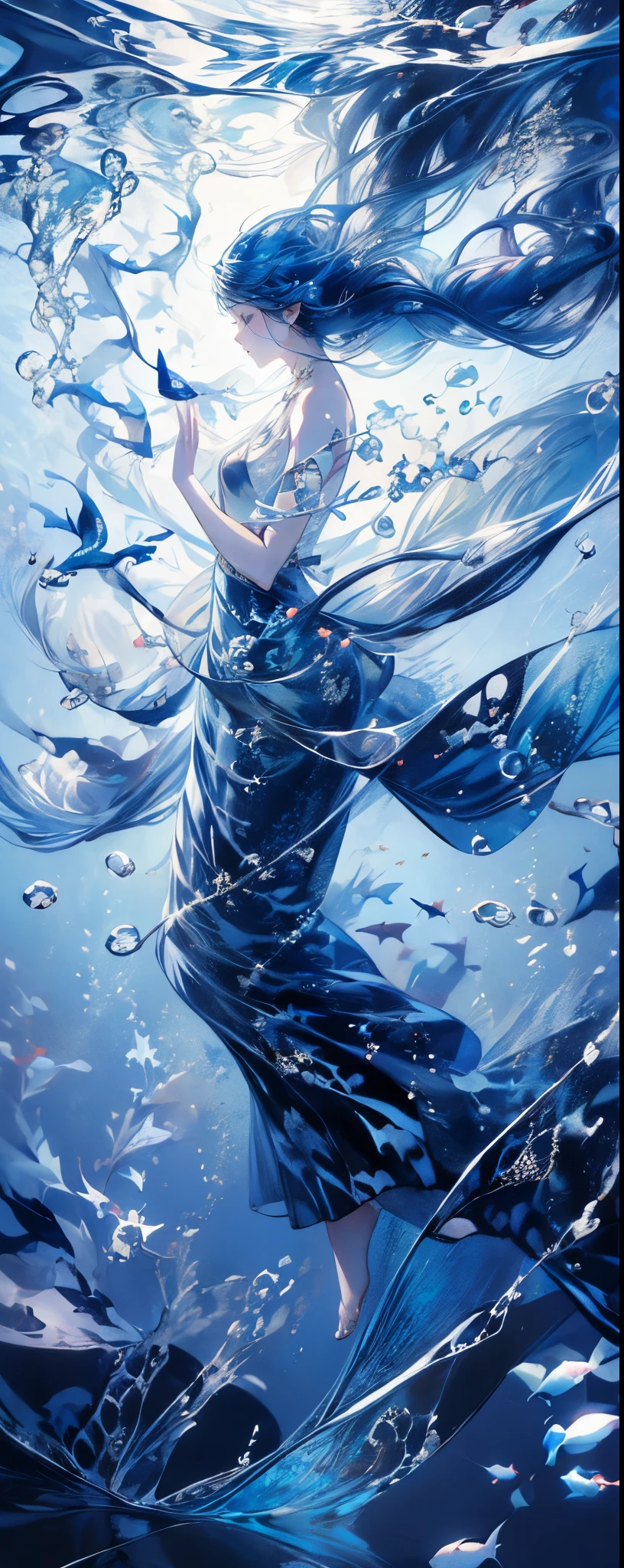 ((1 girl with long blue hair:1.4)),(( blue eyes))、Full body solo shooting、(( in the ocean:1.4))、seabed、deep sea、Floating in the sea、( splashes :1.3)、Lots of small fish、(( long dress、 barefoot))、Floating、A lot of bubbles、bubble、jellyfish、Jellyfish、Coral Reef、Starfish、Various fish 、Blue Fish、School of sardines、Sink、Mysterious、 Fantastic、 glitter、 splash floating in the sea