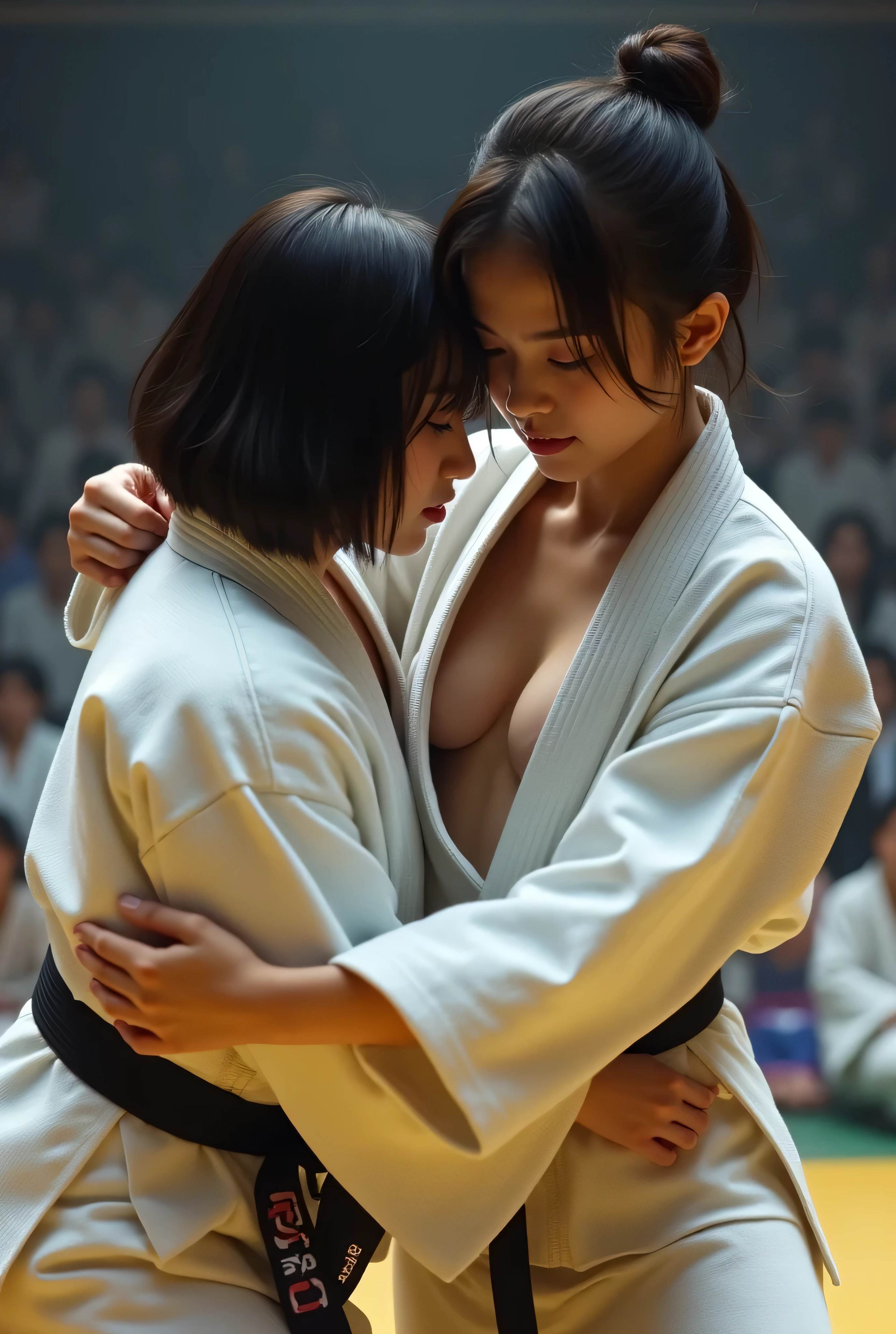  RAW photos 、Two Japanese female  high school students wearing judo uniforms that look like a hyper-realistic photo are playing a judo match、 loose judo uniform with sleeping techniques 、 I can see a thin white sports bra covering my big bust 、 cleavage in years、 A woman with a baby fhort hair 、Overcrowded judo match venue 、 serious expression、 movie lights、