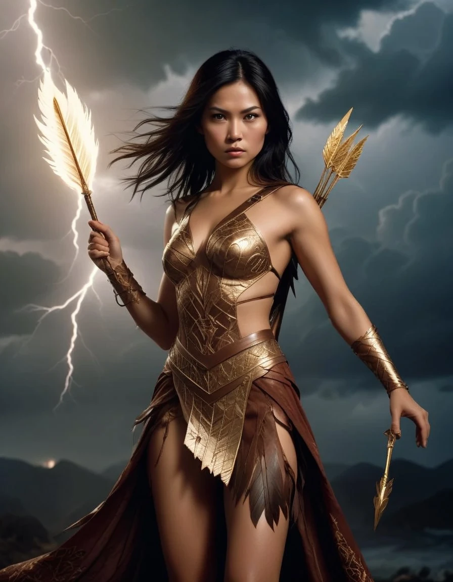 very angry, strong, supernaturally beautiful and enchanting Atlantean Barbarian War Goddess with a legendary magical spear and shouting in fury. She is skinny dipping in shallow waves in a dark underground sea cave lit only with oceanic bio luminescence that washes over her perfect, irresistible body. Glowing magical golden minimalistic anime-style female battle armour. Her tan skin shimmers with scales. She is athletic, slender, fit, toned, lean, and very muscular with a thin waist and slim hips. Defined abs and muscles. She has deeply tanned skin and flowing, lustrous hair. Her large, vibrant, glowing turquoise Asian eyes lock intensely onto the viewer with a predatory, otherworldly allure. She has intricate aquatic-inspired tattoos across her body. Her face has painted designs. Swirling deep shadows.