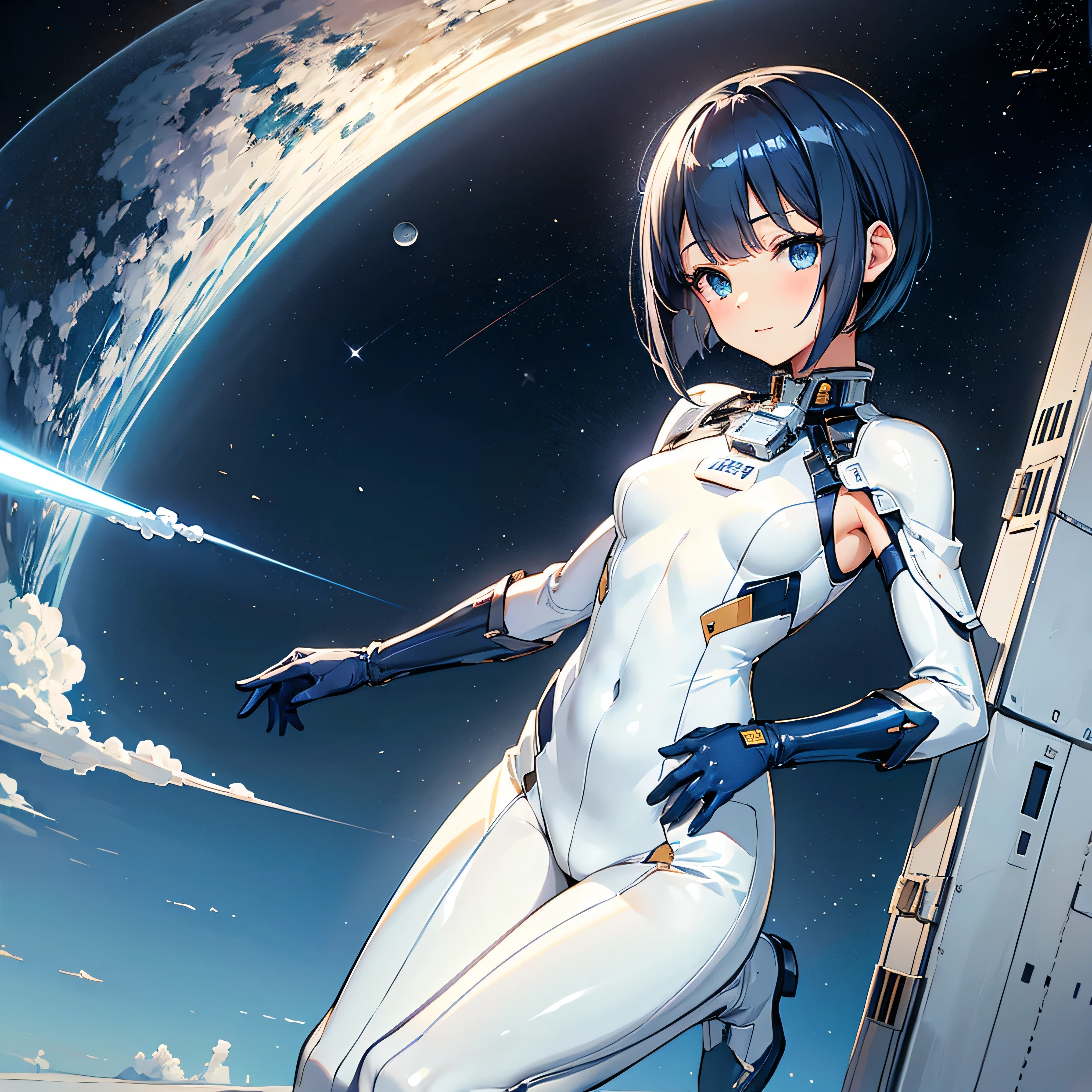 White combat suit with blue pattern, pretty girl, Pixie Cut Hair, Small breasts, Flat Chest, Outdoor, blue sky, Canon, masterpiece, high quality, Attention to detail, Textured skin