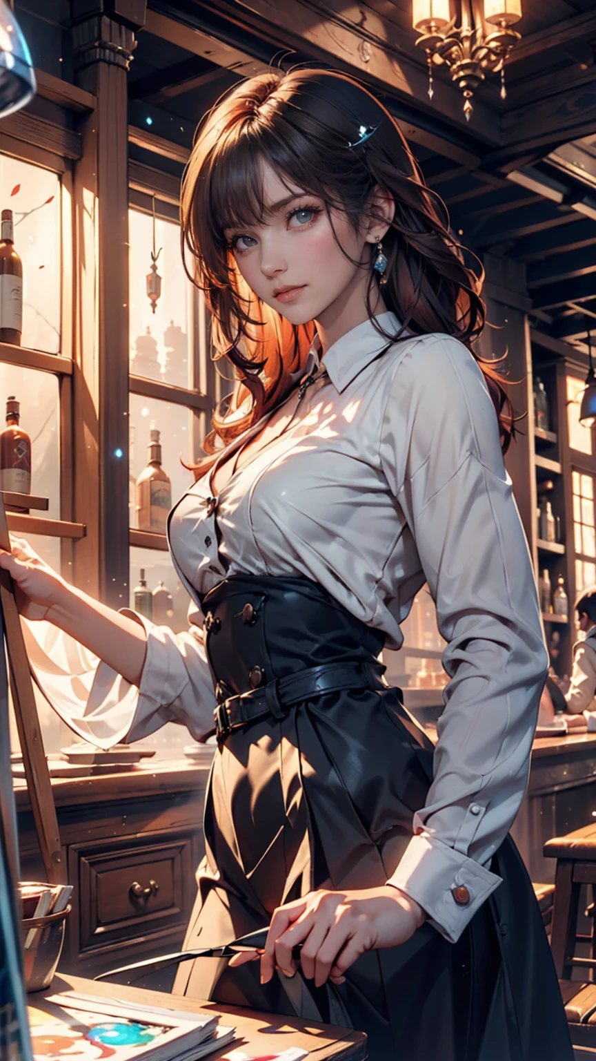 Young redhead woman, Medieval Tales Tavern, Exquisitely crafted and colorful interior, Detailed intense sunrise lightning, Best Geometry, Award-winning masterpiece, Very complex shadows and lighting, Best lighting, Best Shadow, Complex and busy setup, artステーションで話題, Global Illumination, Self-luminous, Bioluminescence, Mid-Journey Style, art:Albert Bierstadt