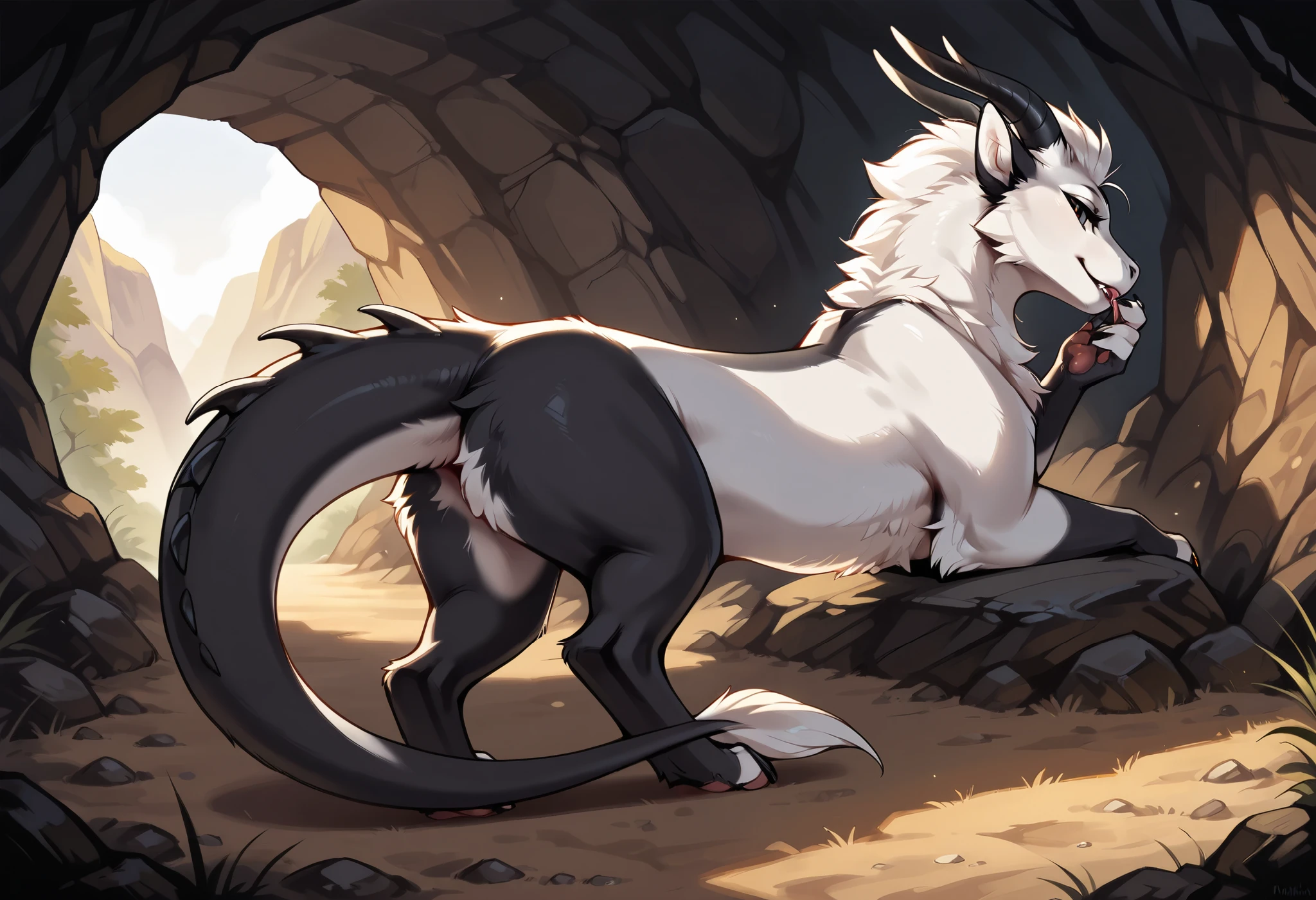 solo, feral, Furry girl with short hair,, with white black fur, black legs with white fur, dragon tail mixed with a white fur , one completely black eye and the other normal, horns, seductive pose, detailed background