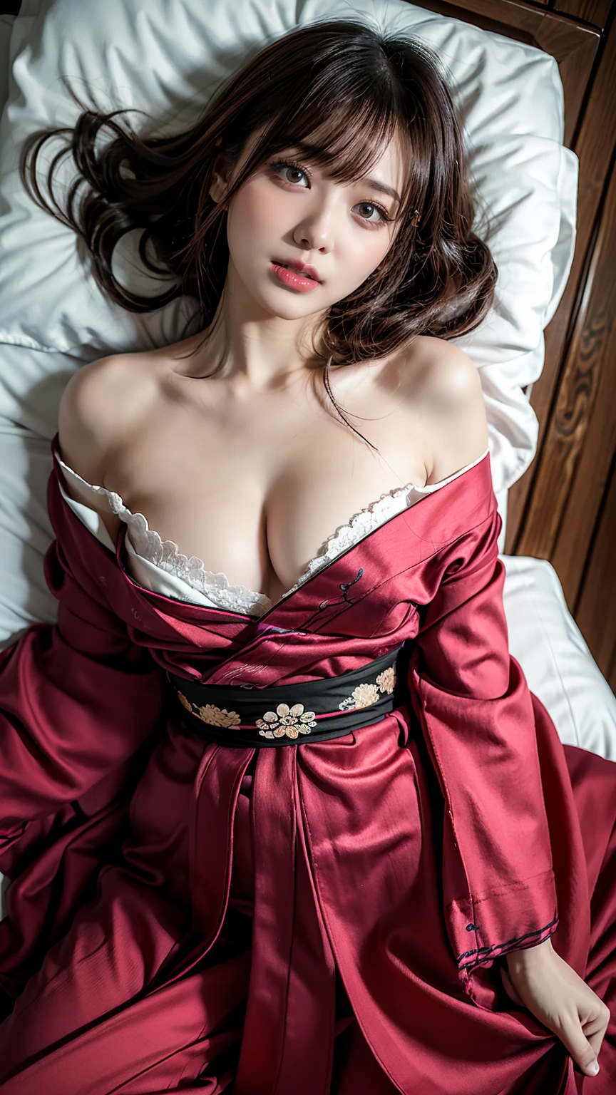 Art depicts a charming woman，Dressed in a flowing manner、Silky low-cut hanfu，In pink，Decorated with intricate patterns and bright colors。Her dress draped elegantly over her curvy figure，Highlights her seductive silhouette。She lay lazily under the moon，legs are open ，Shines through panties，bathed in the soft glow of the moonlight。The scene exudes an ethereal and dreamy atmosphere，With a touch of mystery and sexiness。The image style incorporates watercolor and digital illustration techniques，It evokes a refined beauty and charm。The lights are filled with soft moonlight，casting soft highlights and shadows on her charming features。Bare thighs，Bigchest，Three-dimensional facial features，Lie with your legs apart，Side braids