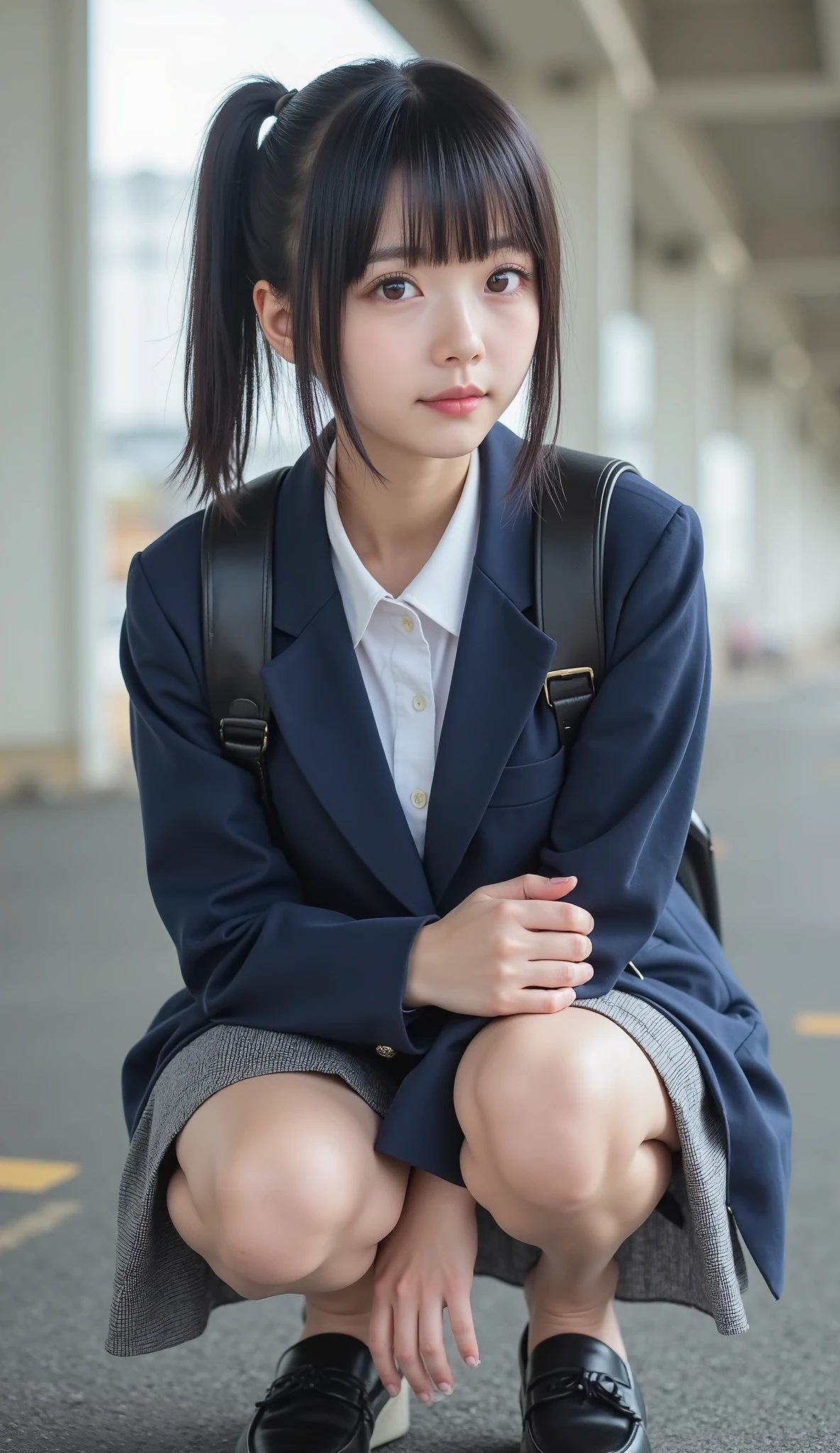 portrait photography,masterpiece, nsfw,8k,16k
( Japanese Girl, 157 Height cm,pale skin),((shot from below,low angle)),
( 1 girl,Japanese standard petite immature fleshy body , head-body-ratio 1:6), Narrow shoulder width, big breasts, (sensual glamorous lower body:1.3), Wide pelvis, big butt, thick short legs, (fat thick ankels, rich fat short calves,short thighs:1.3),
black hair,Shiny straight short ponytail hair With bangs,
(, Round face, Droopy eyes,hazel color eyes, natural makeup ),
Wearing navy japanese school short tight uniform jacket suit with medium-length grey checked skirt,white collared shirt,gap between jacket and shirt,navy color short socks, loafers, backpack on shoulder,
squatting with random sensual posing in overpass stairway,Focusing on calves,
85mm, Official AR RAW photos ,(Realistic,Ultra Details), best quality,Chromatic aberration,
Anatomically correct, textured skin,top of head