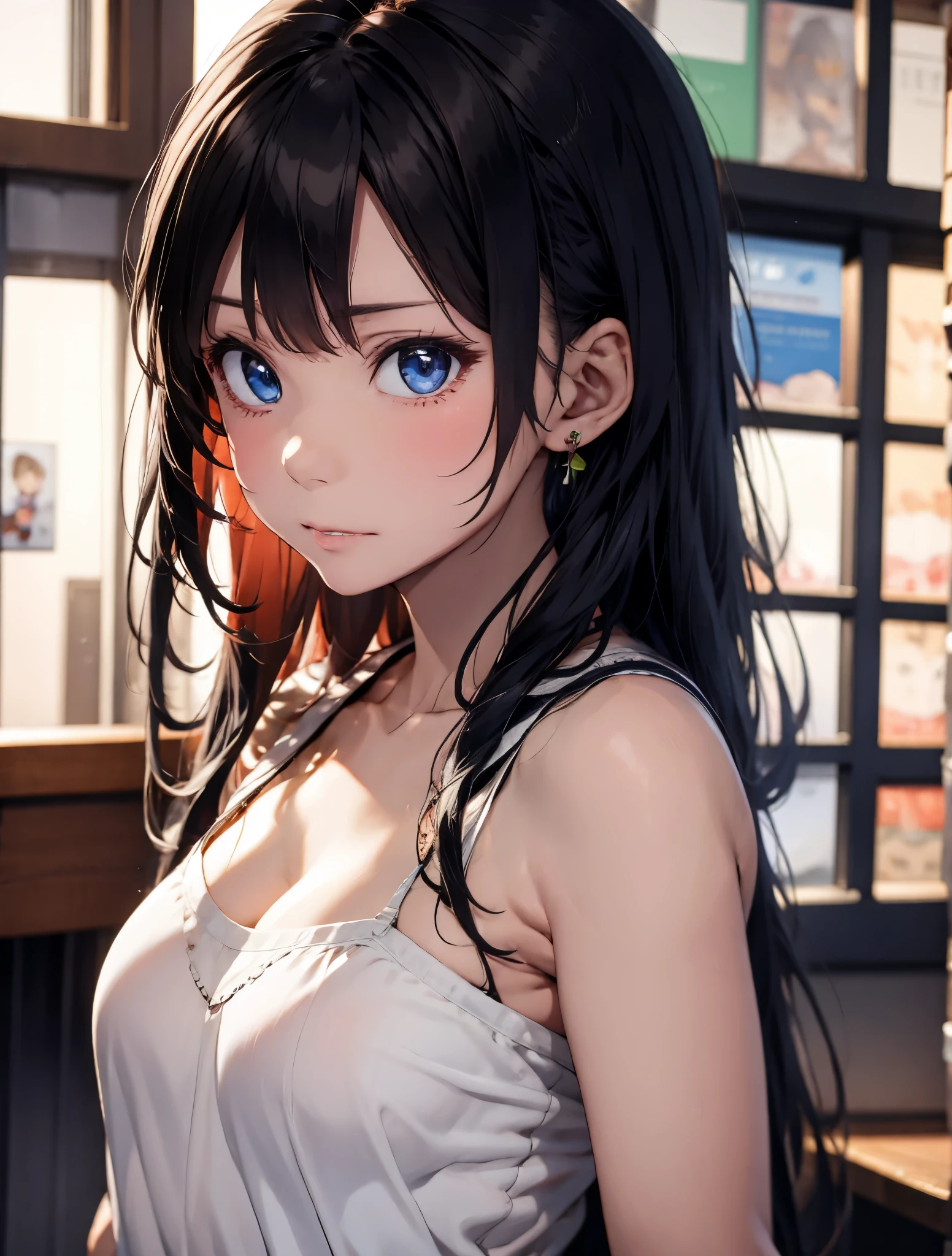top-quality、Top image quality、masterpiece、teens girl((18year old、 Ager、Best Bust、Medium bust,wide open breast tea、light blue eyerest, Black and light blue hair、A slender,Large valleys、dye one's cheeks red、Black yukata、pretty pose、running motion、dash、Sweating、Splattering sweat)),hiquality、Beautiful Art、Background with((Inside the inn、Night Hostel、jpn、skyrocket))、masutepiece、depth of fields、movie