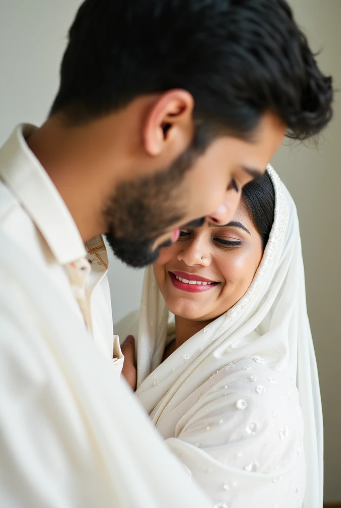 a tall traditionally dressed Arab muslim man
making fucking a beautiful and chubby 30 year old hindu mom from Kerala wearing white saree, decorated with bindi and jewelrys