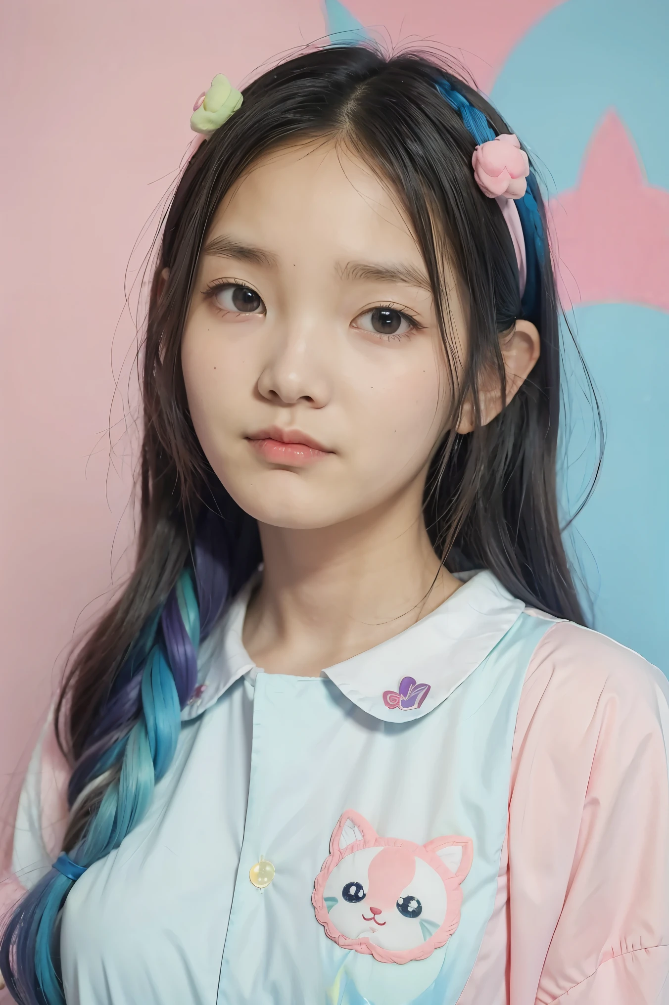 Best Quality, Masterpiece, extremely detailed, detailed background, 1 girl, Alone, wide, flower, blue fur, White background, pink flower, simple background, profile, Upper part of the body, shirt, white shirt, white flower, bow, hits, purple eyes, move, blush
