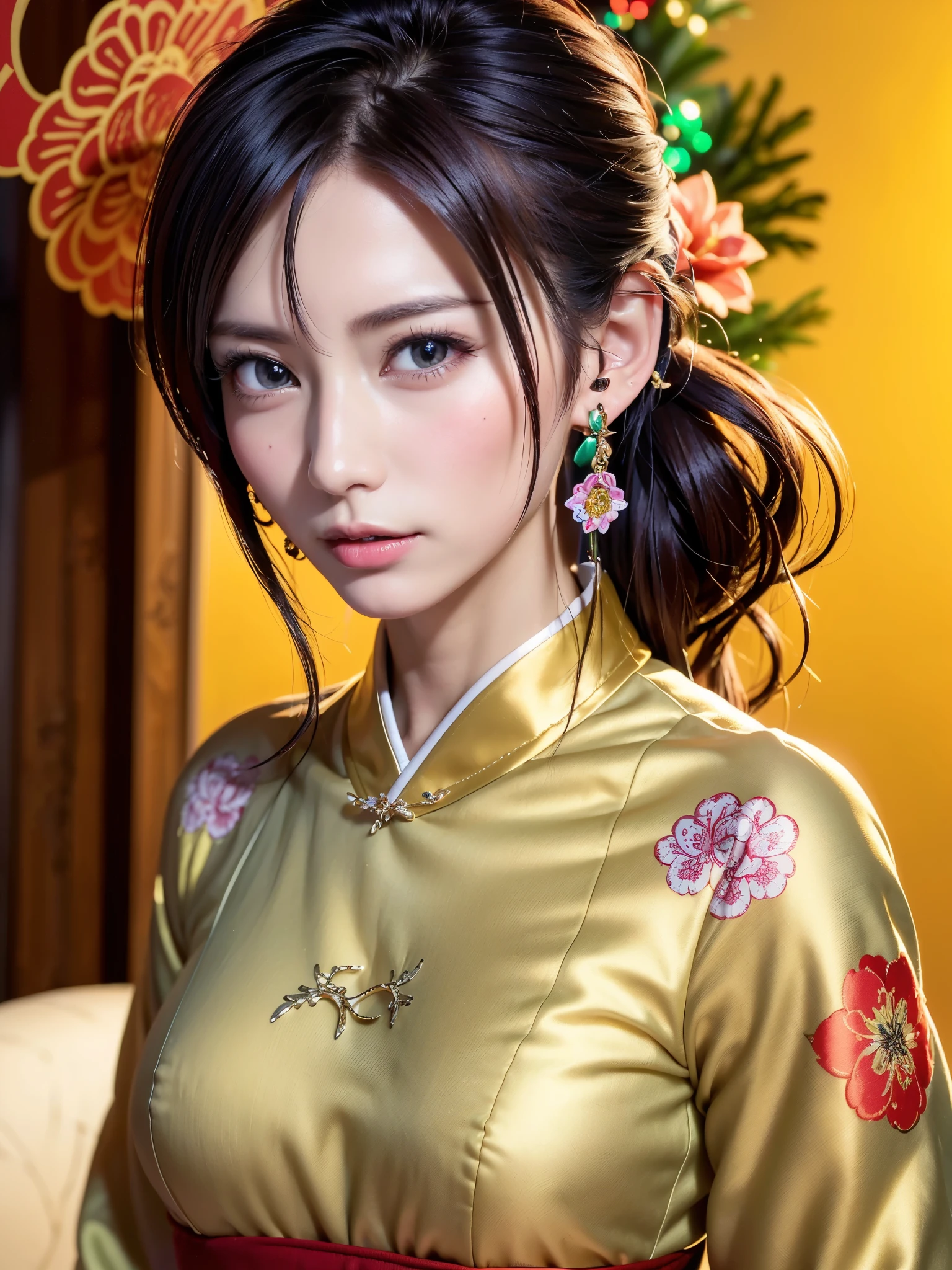 Ultra-high resolution,(((masterpiece))),(((best quality))),((Super detailed)),((extremely delicate and beautiful)),Cinematic light,Detailed environment,(true),(1 girl, alone, Male focus:1.3),(Holding a sword:1.2),(dark red and light gold:1.3),(Hair combed back, flowing hair:1.1),Designed by Greg Manches,smokes,a model woman,Bright Eyes,glossy lips,Futuristic gold face war paint,Art site hot search,phototrue,Eight thousand,Acetate rendering,author:greg rutkowski,Artwork by Carne Griffiths and Wadim Kashin,Dau-al-Set style,Pollock,Inspired by MAPPA and Zdzislaw Beksinski,Hanfu,
