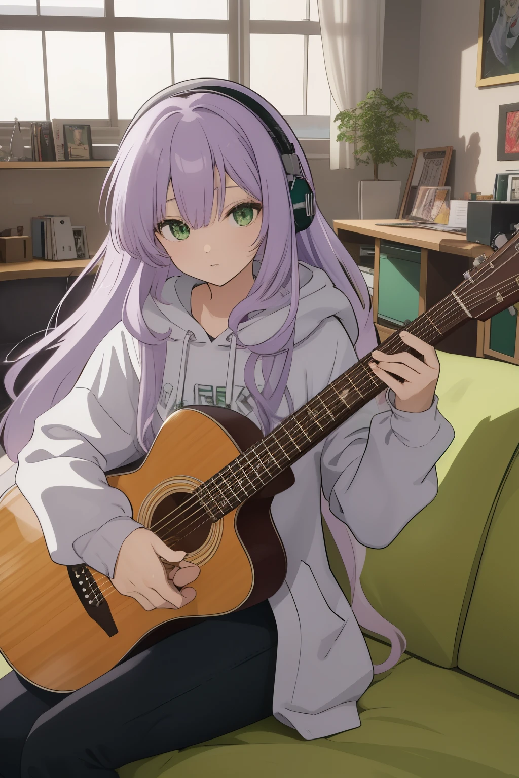  View scene ,  animation style, Band rehearsal room, Focus Angle, ,( light purple hair)、 Long hair  、 Big round green eyes 、Sitting on the sofa, top quality,High definition、 Multi-colored Hair 、((Indoor))、 headphones、 white hoodie , Playing the guitar