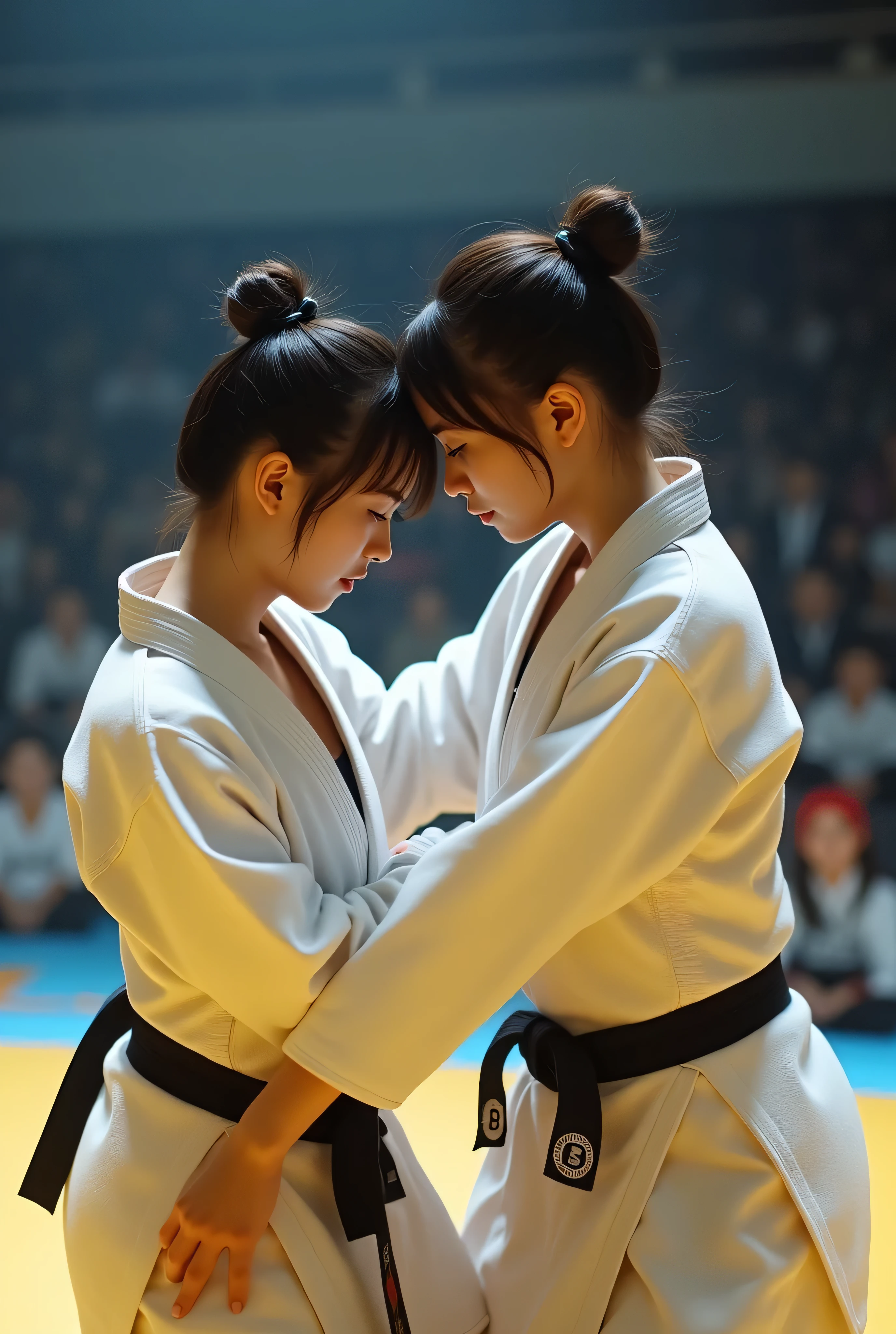 RAW photos 、 Two Japanese female high school students wearing judo uniforms like the hyper-realistic photo are playing a judo match、Judo uniforms with open front by holding collars and applying techniques to each other 、 I can see a thin white sports bra covering my big pointed bust 、 cleavage in years、 A woman with a baby fhort hair 、Overcrowded judo match venue 、 serious expression、 movie lights、