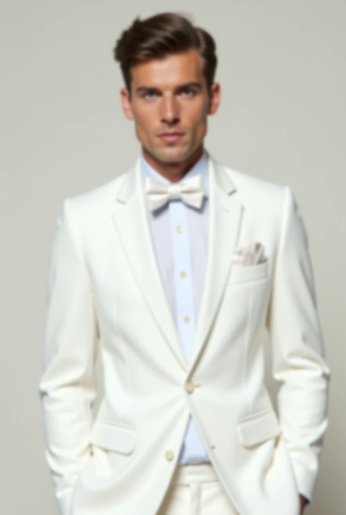 Young cute handsome mister suprano perfect face white suit at crowned pageant
