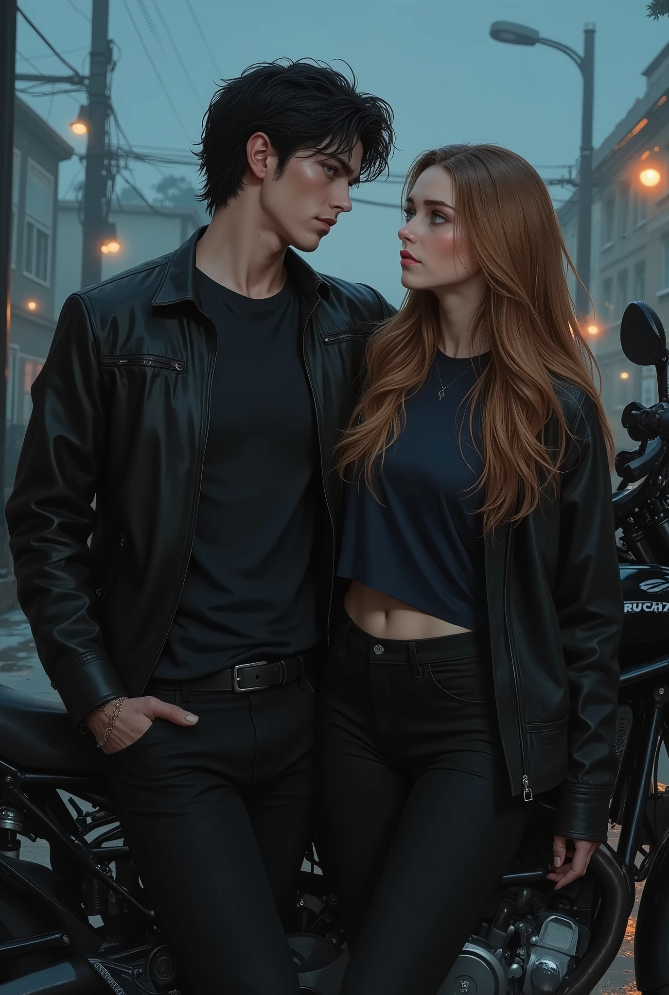 young couple, 21 year old bad boy man , high, strong, black hair at the back of the neck and disheveled , and blue eyes, fair skin , jawed pants and full lips, He's wearing black pants and a black t-shirt and a black leather jacket, he looks down looking at her , She the girl is looking up at him facing his body, ela tem a fair skin , Eyes with amber, and long honey brown and wavy hair that is flying with the wind, She wears a dark blue t-shirt and a black jacket, She's wearing jeans, he is leaning against the motorcycle , black Ducati motorcycle holding a black helmet with her hand , She is in front of him , the background is a dusk, With some nightlights. realistic drawing