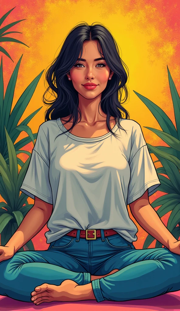 [mulher jovem], [corpo inteiro], [morena], vestido florido, estilo cartoon, estilo comic, contorno de linhas pretas 0.6, caminhando no campo, um rio ao lado, detalhes intrincados, highes definition