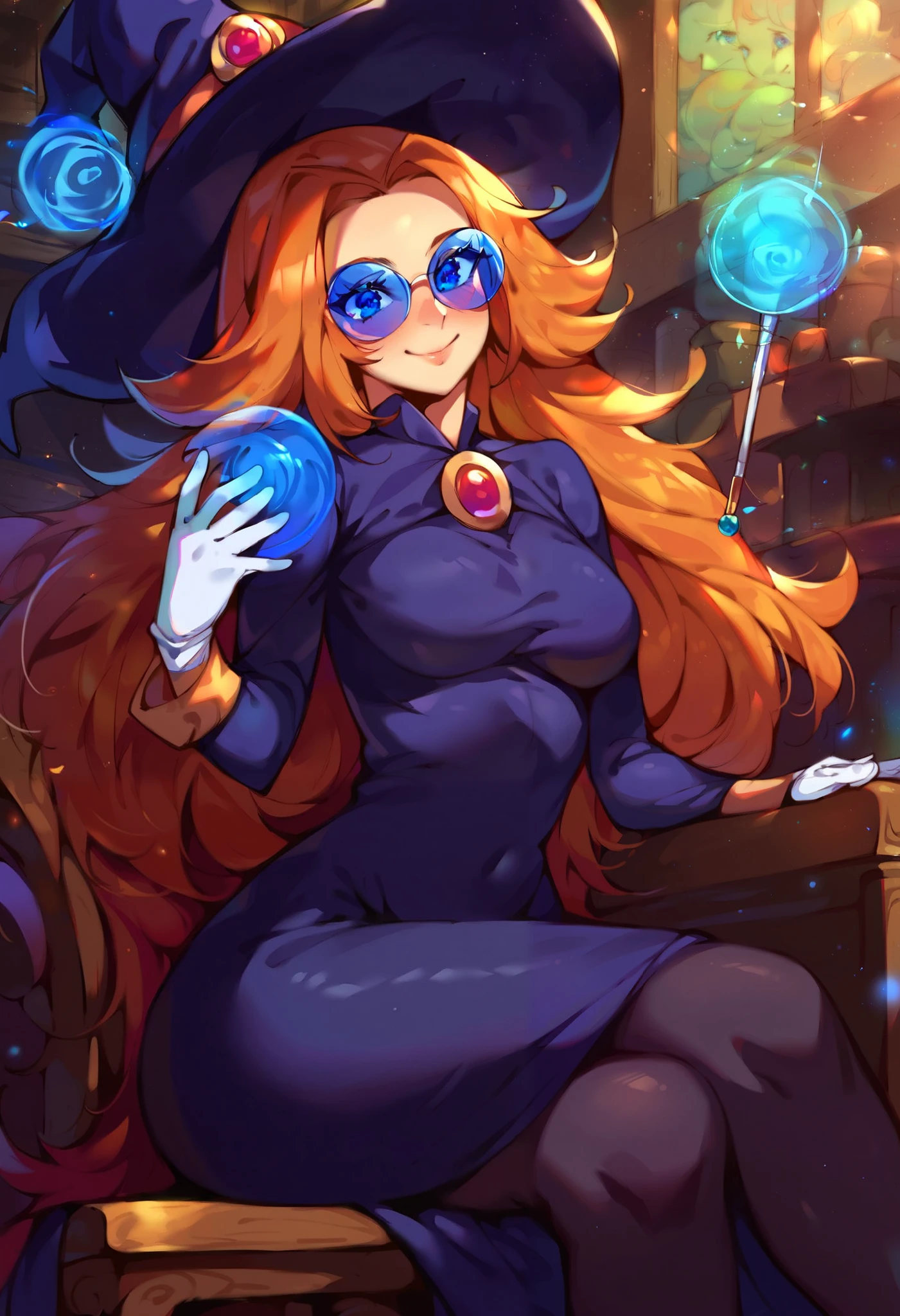 score_9, score_8_up, score_7_up, source_anime, (best quality), (masterpiece), (extremely detailed), (finely detailed), (detailed face, perfect face, perfect eyes, beautiful detailed shading), (perfect hands), (soft colors), blush, BREAK, 1girl, blue eyes, orange hair, long hair, parted bangs, round blue-tinted eyewear, blue tinted glasses, witch hat, witch hat on head, witch dress, long dress, black dress, long sleeves, white gloves, zettai ryouiki, black pantyhose, thick thighs, breast, laboratory, magic, small smile, close mouth, pouting cute, sitting on chair, one hand holding wooden wand
