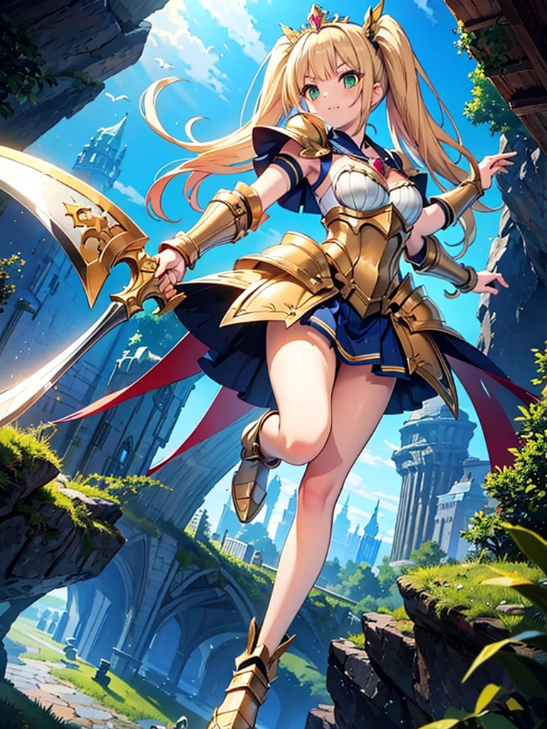 anime, cute girl, Game standing drawing，Plate armor heavy fighter，full body, animated movements, action pose, Stand with a sword，femele，The ponytail  fluttering and messy，blonde hair, detailed ornaments, Heroic, The face  clear and accurate，detail in face，super-fine，16K resolution，high qulity，High picture detail，dynamic viewing angle，Epic shooting，oc rendered, warrior, tough, fighting, fierce, action, moving background, blue sky and clouds, revealing outfit, upskirt, bare skin