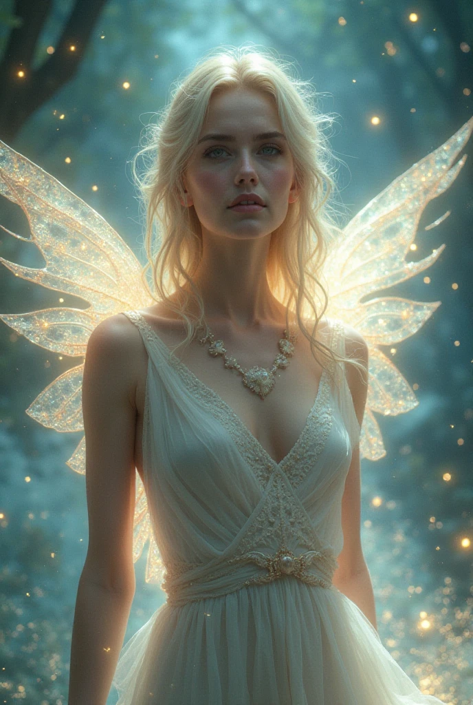 A beautiful female emperor, crystal clear skin, beautiful appearance, deep wisdom in her eyes, as if she has seen through everything in the world, dressed in a gorgeous white robe, holding a long sword, dancing robes in the breeze and silver hair fluttering in the wind, the white robe perfectly outlines the graceful figure, the demeanor is gentle and idyllic, like a flawless fairy