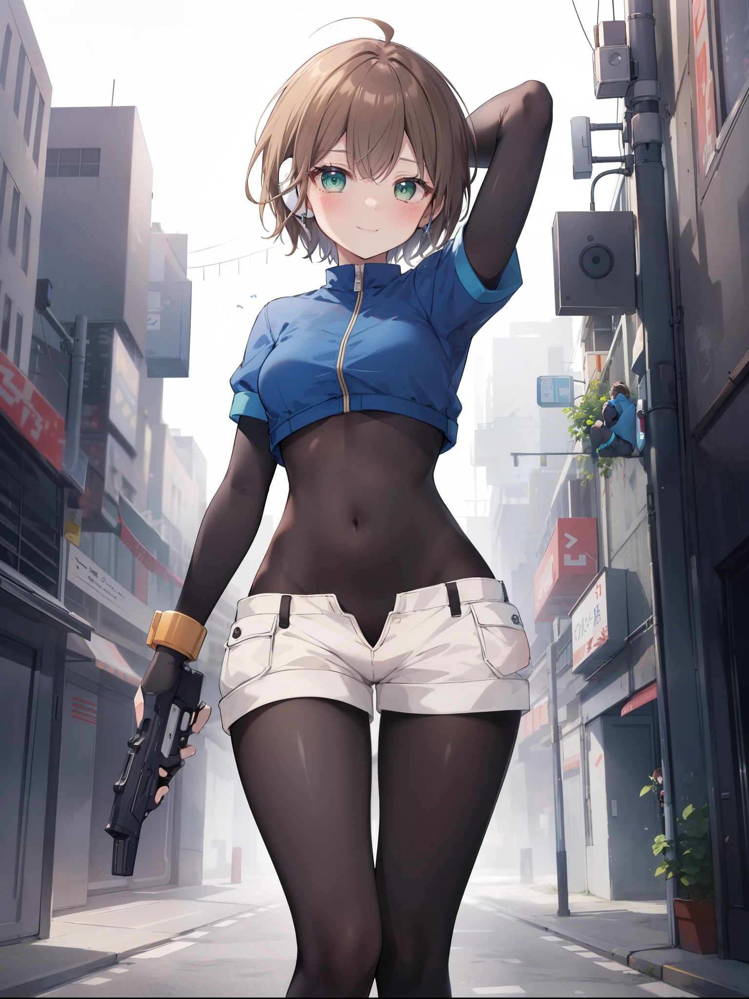 takeda hiromitsu style,(((masterpiece, highest quality:1.3,absurdres))),cowboy shot,20 year old beauty,Sniper、solo,((very small head)),short bob hair,bangs,dark brown hair,brown eyes,blush,Serious expression、medium breasts,((very long body)),((slender body)),skinny,gleaming skin,shiny skin, Black turtleneck、No sleeve、Crop length、navel、Black micro mini shorts、Black combat boots、Holding a handgun in your hand、(Detailed handgun),Run、Abandoned Factory、Container street at the port、Tokyo、at night、moonlight、