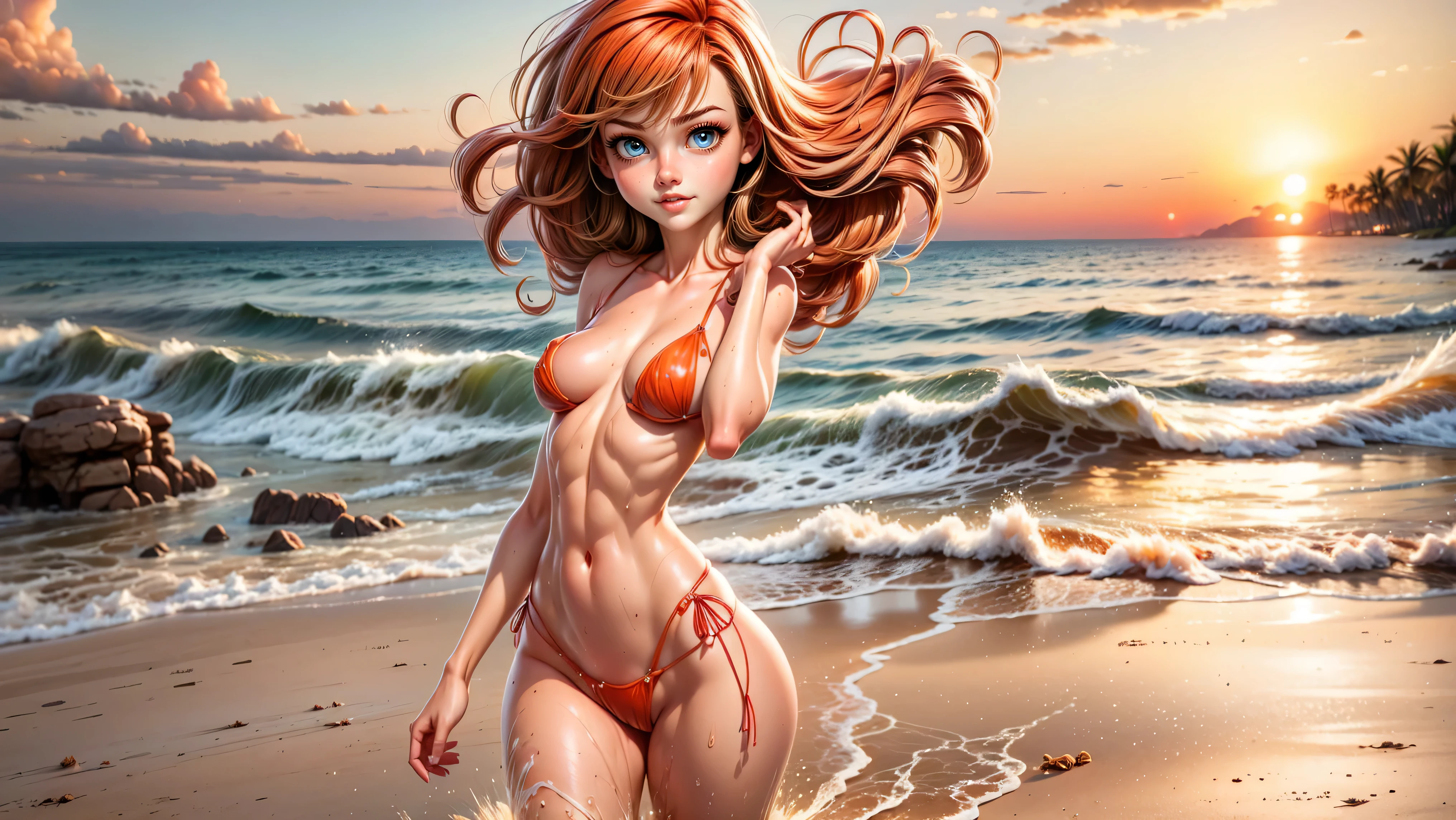 ((1girl, solo)), standing in the water at the beach, , young girl, cute girl, Ariel, fit, rear view looking back, concept art, ((skinny, petite)), ((wet,)), ((nude)), ((orange-red hair)), ((Breasts exposed)), ((hard nipples)), ((covering her tits with her hands)), midriff, ((sideboob)), ((perky breasts)), looking at viewer, sexy, bikini low on hips, cowboy shot, (full body portrait), beautiful lips, sexy mouth, ribbon, hair ribbon, bangs, upper body, blue eyed, bangs, ribbon, tropical background, sunset, island life,