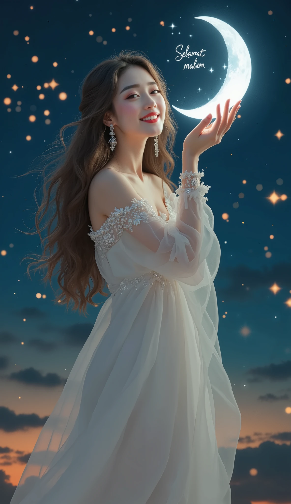 A beautiful Korean woman smiles softly carrying the moon with the words "Selamat malam" written on it, wearing a long flowing white gemstone chiffon dress, with the background of the sparkling night sky.