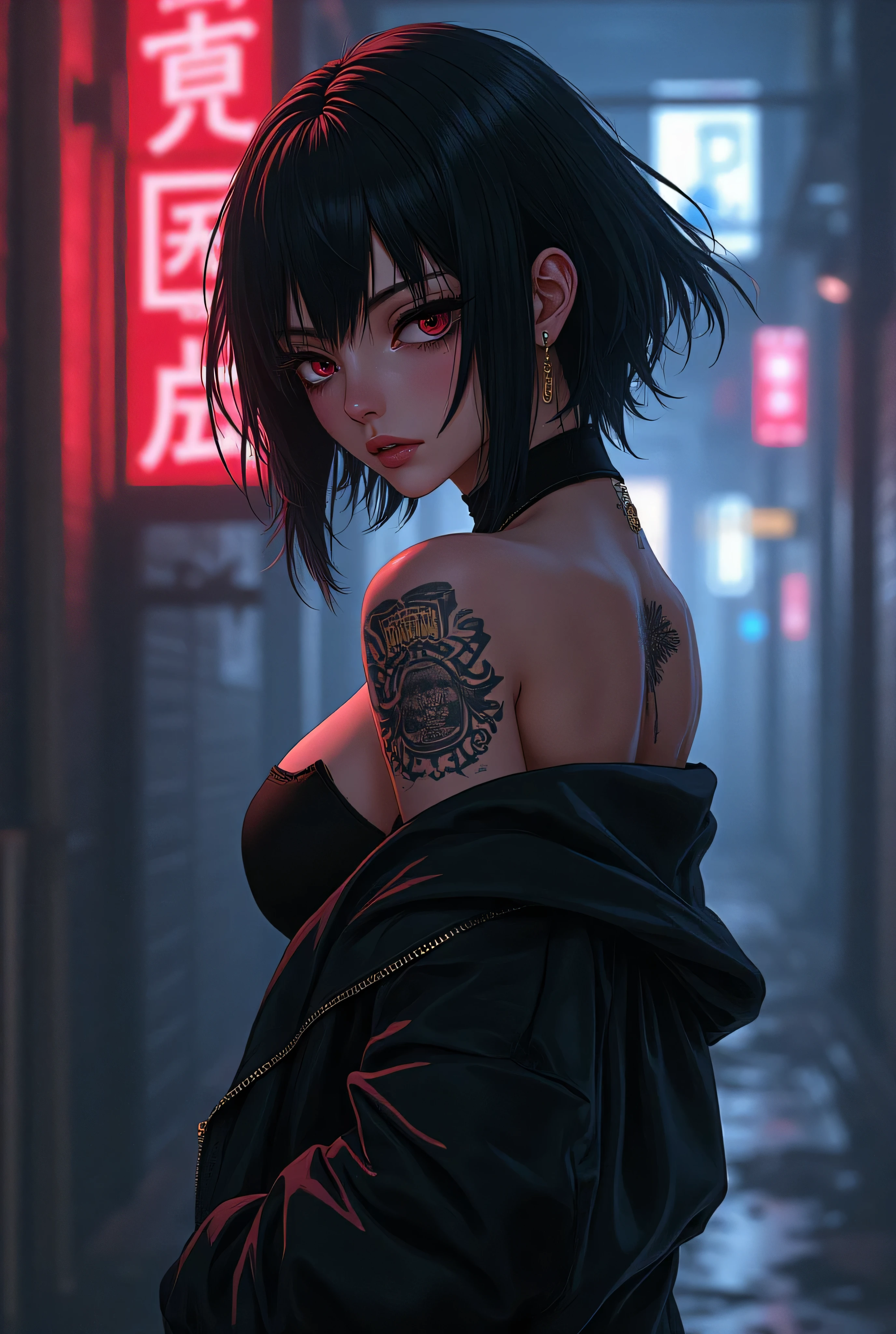 1 girl, night, short hair, tattoo, looking over shoulder, gothic, punk