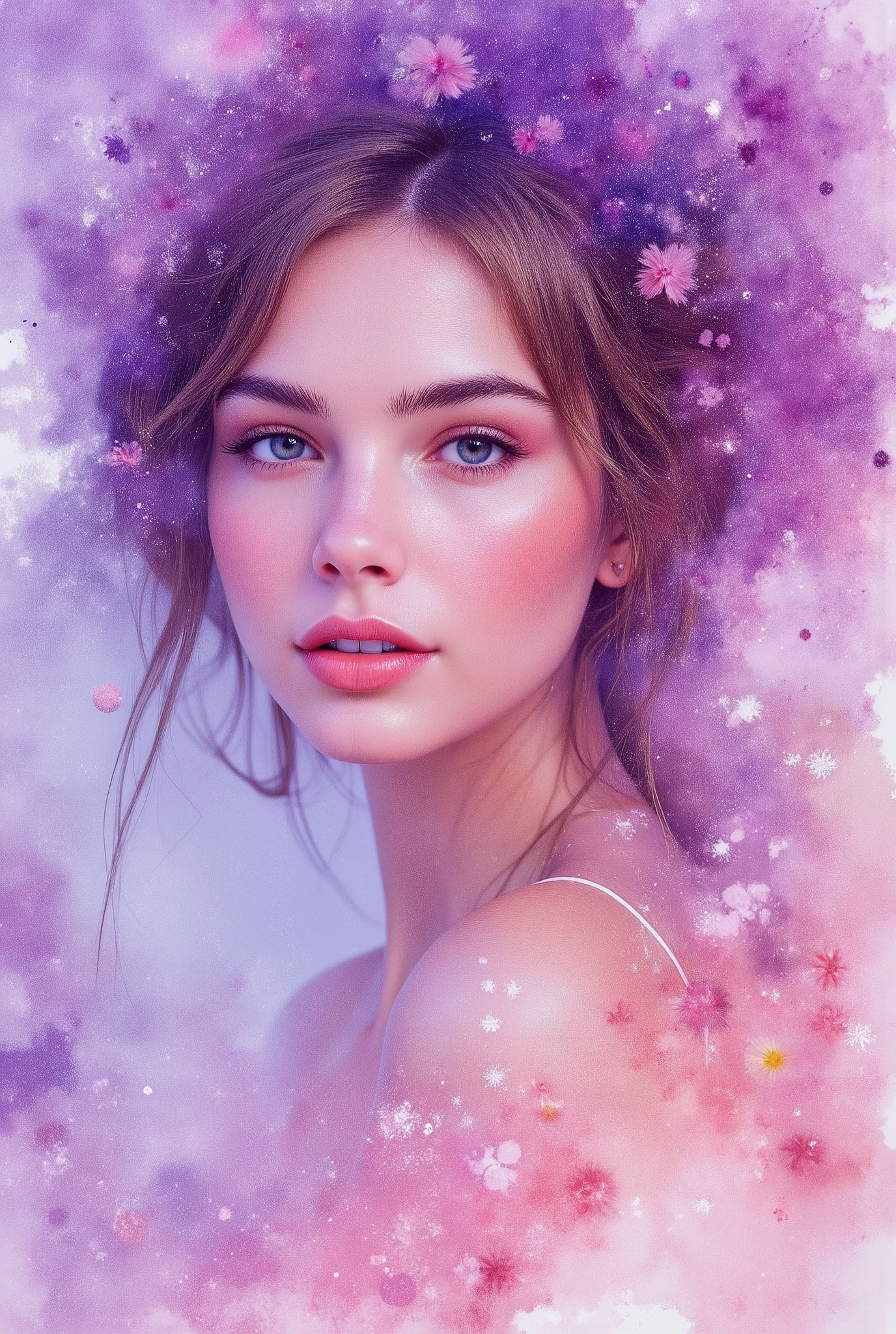 Create a watercolor painting featuring a young woman, inspired by the style of Agnes Cecil. Incorporate ink bleed effects and use a color palette dominated by purple and pink hues.