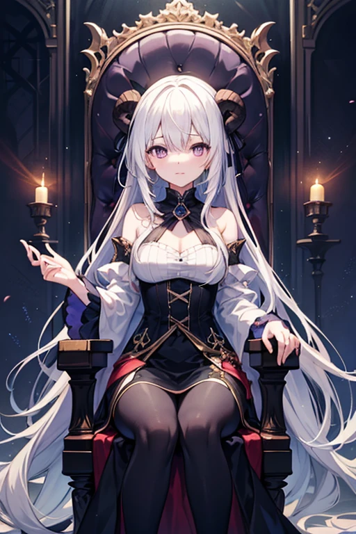 (Masterpiece:1.2), best quality, (illustration:1.2), (ultra-detailed), hyper details, (delicate detailed), (intricate details), (cinematic light, best quality Backlights), clear line, from below, soloist, perfect body, (1girl), white hair and yellow eyes, (emperor, black see-through clothes), (crown: 1.1), sitting on the throne, eyes slightly closed, head down, (shy: 1.2 ), (makeup), high contrast, (best illumination, an extremely create and beautiful), (cinematic light), colorful,