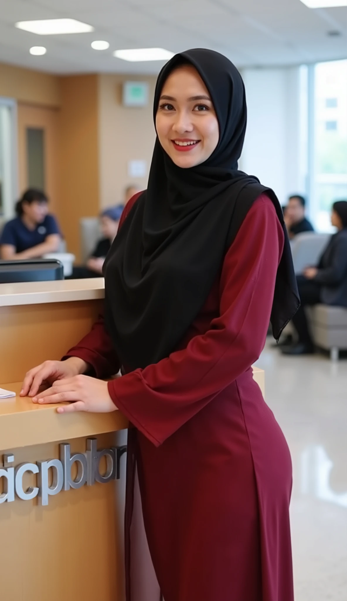 45 Years, wearing a black Indonesian pashmina hijab , wearing a maroon red long sleeve satin dress , and ((( wears a long skirt that is very thin so that the panty line looks a cream color)) , bulging round breasts , The buttocks are very large and round(( buttocks emphasized and pulled back )), thick red lips , sensual smiling face (( turns to the camera )), standing pose with a slight side bend ((exposes her protruding buttocks backwards )) , both hands holding the reception desk in front of her , the background of the table reads " reception " At the hospital, many people are sitting waiting.
realistic, (( all the photos are very clear and detailed )), ((full body photo)), 16k, RAW photo.