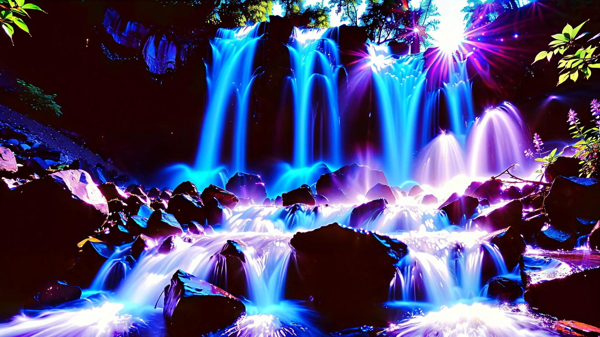 32K Resolution Masterpiece ,  top quality ,  super detailed, Extremely high resolution 32K wallpaper  , shot with a fisheye lens , the flow of many layers of waterfalls ,  a waterfall shining in cobalt blue luminescence, The rock shines fluorescent green , super detailedな特徴,  Awe-inspiring Details .  Spectacular Waterfall Falling Directly from the Starry Sky ,  Falling on Metal , Shining Cliff Surface .  Water Shines in Blue and Purple ,  Holographic Streams Intertwine .  The bottom of the valley is bioluminescent flowers and trees々Covered in,  Its Leaves Reflect the Light of Water .  Floating Spheres of Light Wrapping the Scene ,  Mysterious Addition ,  have an otherworldly atmosphere  ., countless stars in the background 々and galaxy clusters ,Mysterious charm,  mysterious atmosphere,

