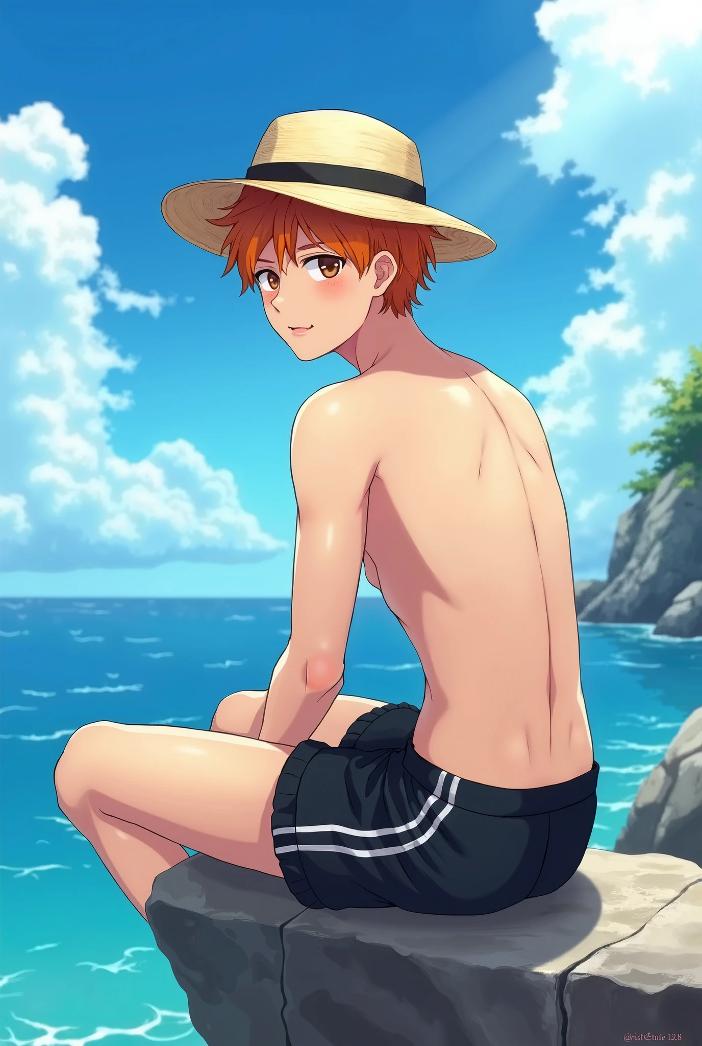 Boy, slim, Cute, Pale white skin, ginger, green eyes, Short orange/red hair, on beach, looks shyly at the viewer, smiling, naked boy chest, wet, spread legs, squatting, ass view, back view, shorts,