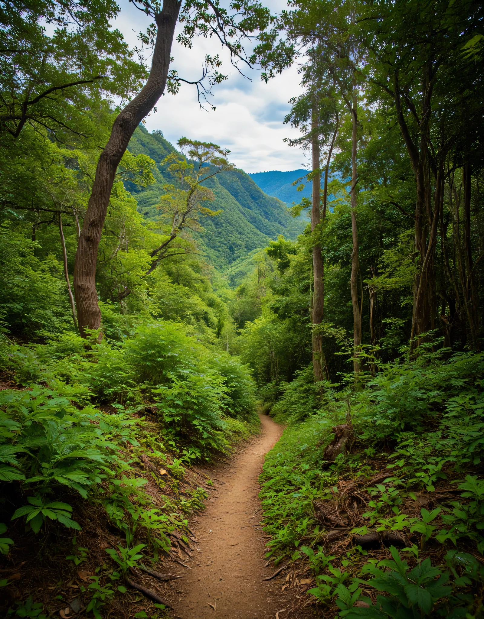 Create an ultra-definition photo image capturing a hyper-realistic portrayal of a deep rain tropical forest hiking trail. Emphasize the stunning intricacies of nature, employing a National Geographic photography style. Highlight the hyper-realistic textures of the foliage, the interplay of light and shadow, and the natural vibrant colors throughout the realistic scene. Focus on a mixed lighting concept that enhances the fullest depth and clarity of the image, showcasing it as an award-winning piece of nature photography. Ensure the final result is a RAW photo image of the highest quality, inviting viewers to immerse themselves in the serene beauty of this untouched hyper-realistic tropical wilderness.