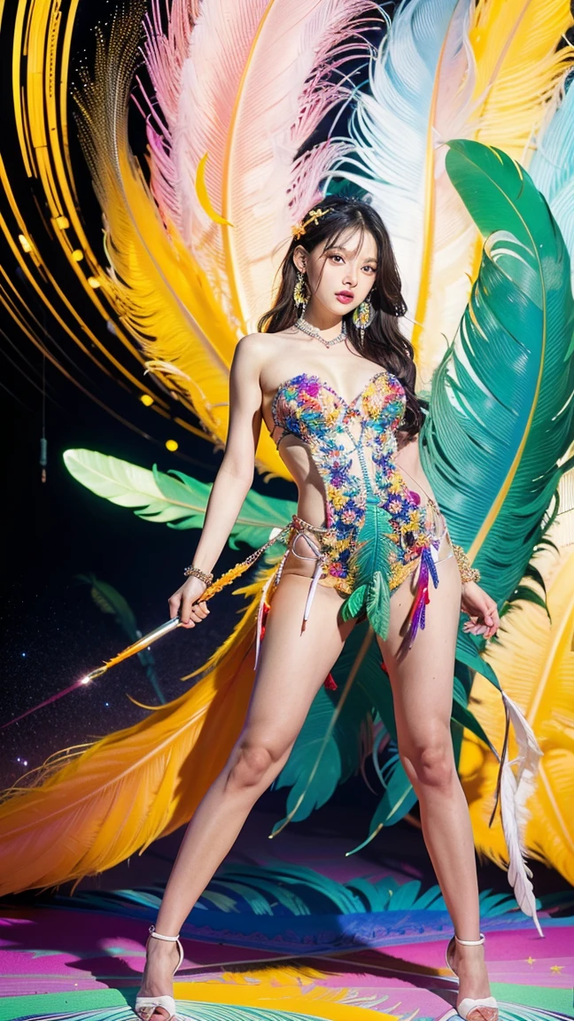 Woman at fashion show in peacock outfit