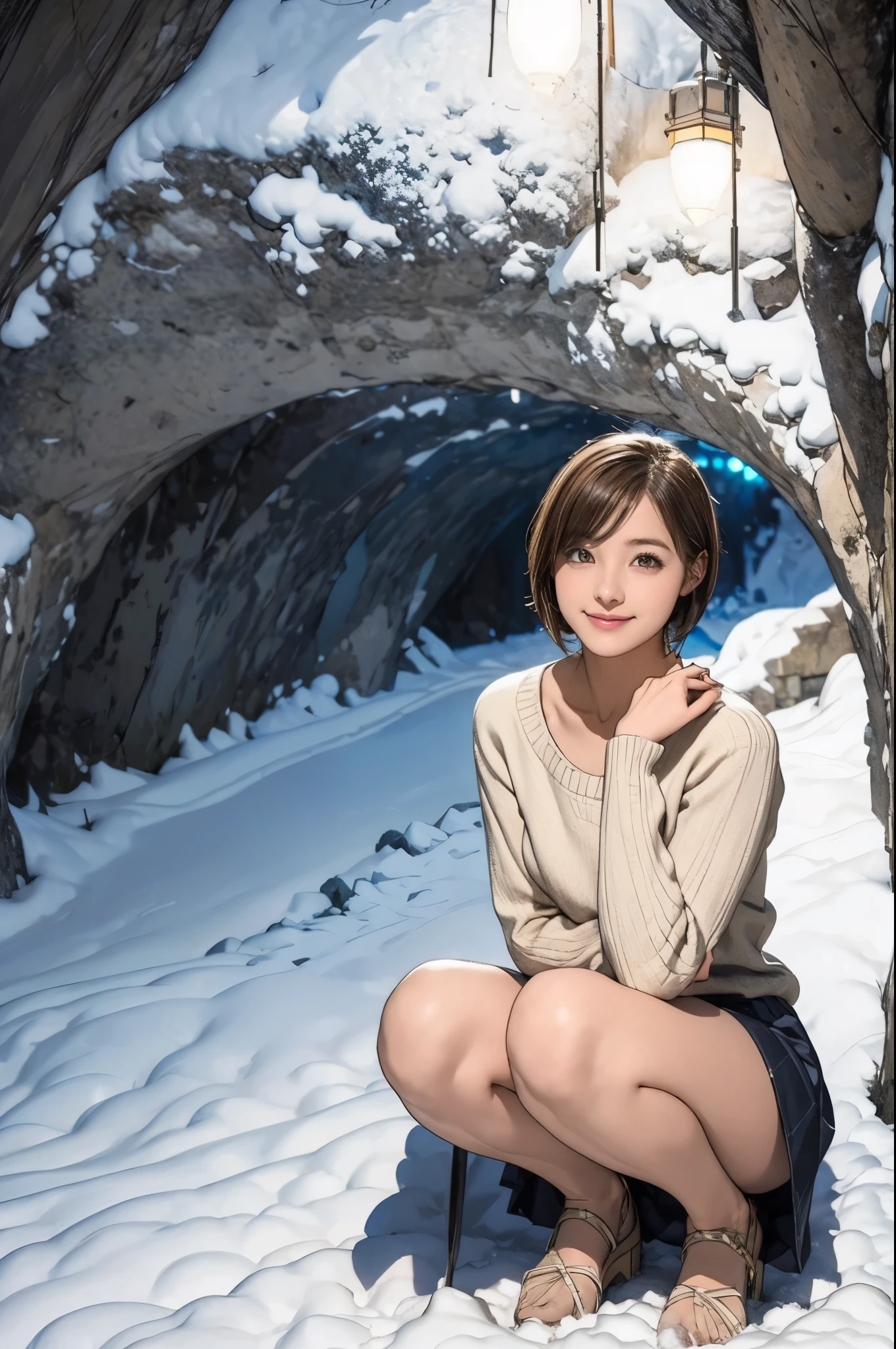 Snow Country Snow Cave , girl, Very Short Bob Hair, sweater and skirt, wonderful, Masterpiece, At night, A cute little smile, squats, looking straight ahead
