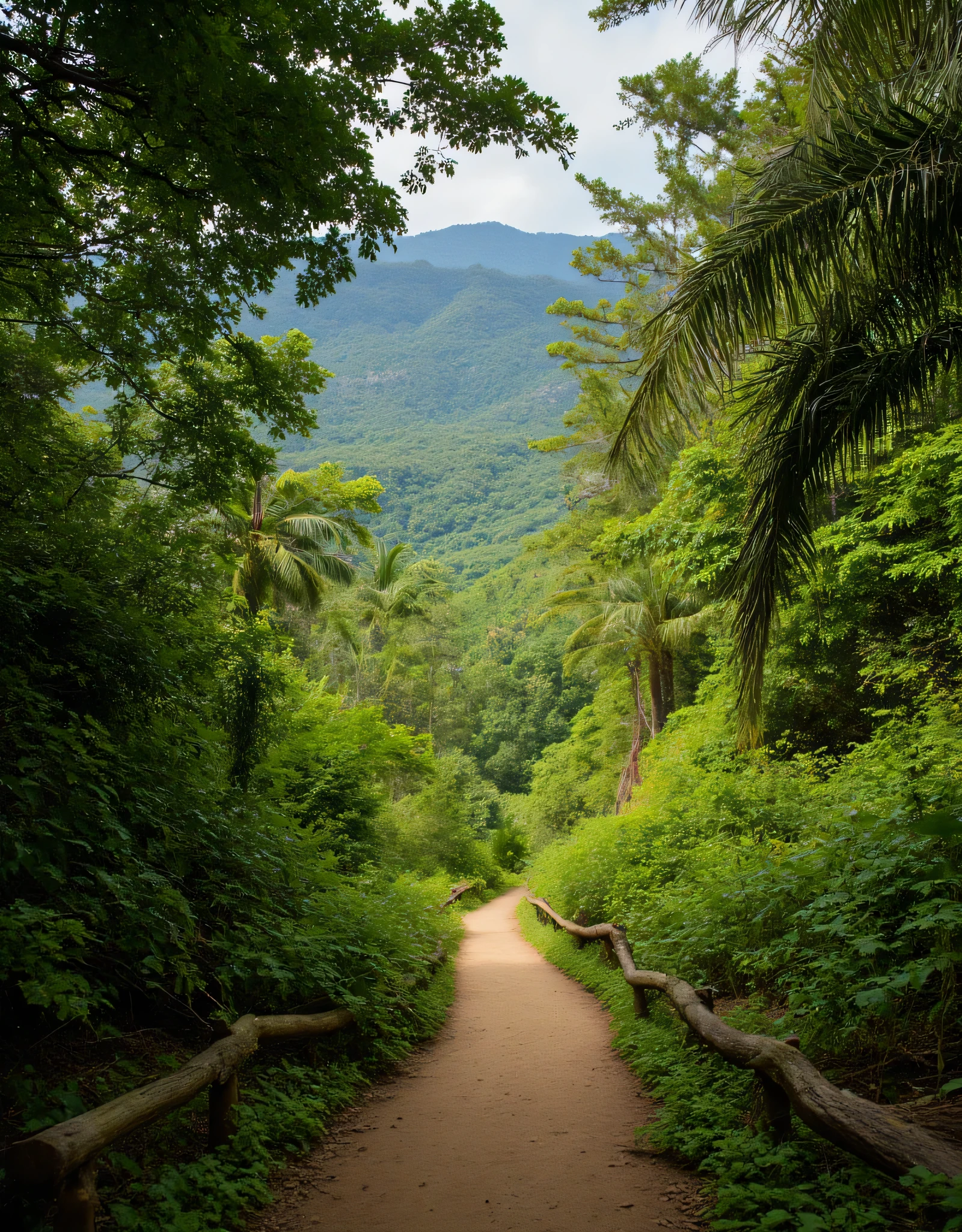 Create an ultra-definition photo image capturing a hyper-realistic portrayal of a deep rain tropical forest hiking trail. Emphasize the stunning intricacies of nature, employing a National Geographic photography style. Highlight the hyper-realistic textures of the foliage, the interplay of light and shadow, and the natural vibrant colors throughout the realistic scene. Focus on a mixed lighting concept that enhances the fullest depth and clarity of the image, showcasing it as an award-winning piece of nature photography. Ensure the final result is a RAW photo image of the highest quality, inviting viewers to immerse themselves in the serene beauty of this untouched hyper-realistic tropical wilderness.