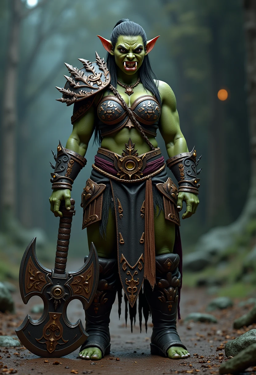 beautiful female orc, with big thighs, nice hips, nice waist, big breasts, flowing hair, holding an axe, wearing animal skin clothes, iron armor and adorned with animal bones, 8k ultra realistic --auto --s2
