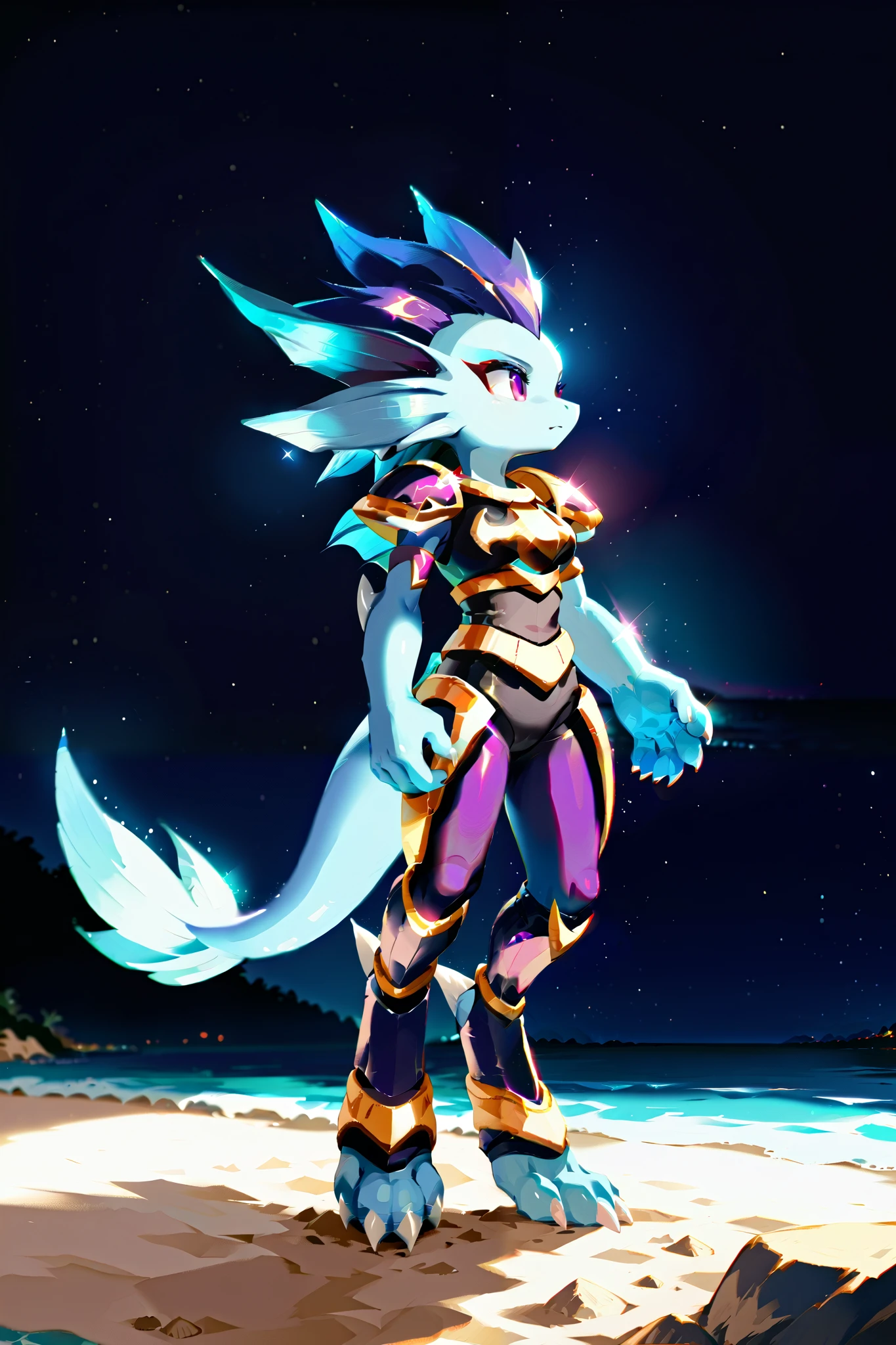 Anime, ((anime style)), solo drawing, solo ((at a beach at night)), ((walking from left to right)), ((night sky)), ((star filled sky)), ((vivid purple eyes)), ((draconic ear fins)), ((head fin)), ((tall figure)), ((blank expression)), ((digitigrade legs)), ((digitigrade feet with four toes)), ((highly detailed anime style)), clean lines, claws, Merga from freedom planet 2, female, light armor, ((blue skin)), ((blue hands)), black armor with gold trim, white claws, short muzzle, leg armor, ankle armor,  black leggings under armor, hands at sides