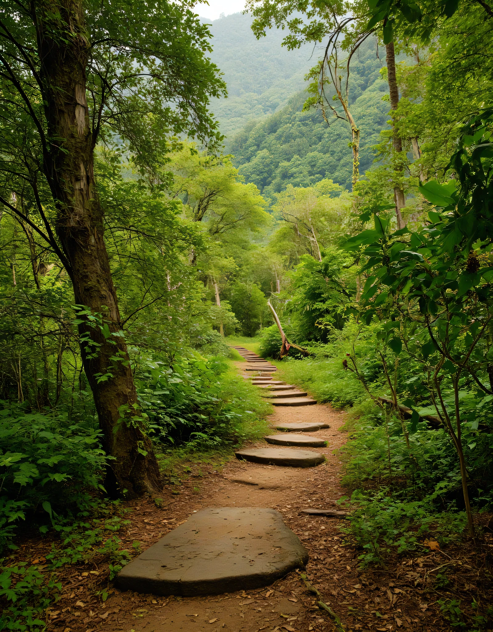 Create an ultra-definition photo image capturing a hyper-realistic portrayal of a deep rain tropical forest hiking trail. Emphasize the stunning intricacies of nature, employing a National Geographic photography style. Highlight the hyper-realistic textures of the foliage, the interplay of light and shadow, and the natural vibrant colors throughout the realistic scene. Focus on a mixed lighting concept that enhances the fullest depth and clarity of the image, showcasing it as an award-winning piece of nature photography. Ensure the final result is a RAW photo image of the highest quality, inviting viewers to immerse themselves in the serene beauty of this untouched hyper-realistic tropical wilderness.