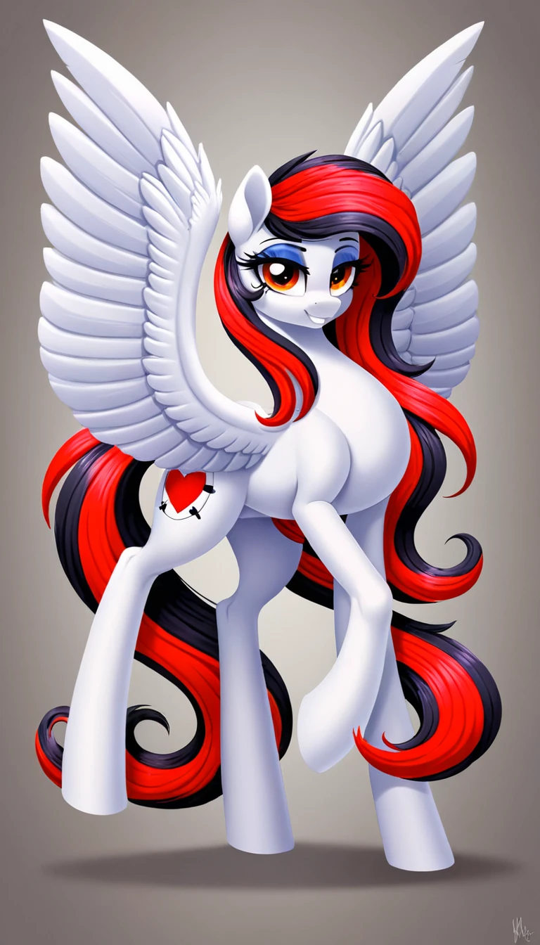 radiant lighting, vibrant colors, whimsical atmosphere, 8K, high resolution, highly detailed, masterpiece, (((my little pony))), four stockings, (red hair, white body, red eyes) cute face, tongue out, striped stockings, standing on four hooves, cool glasses, showing butt, ((a lot of tattoo on body:1.3)), goth style, ((sexy panties))