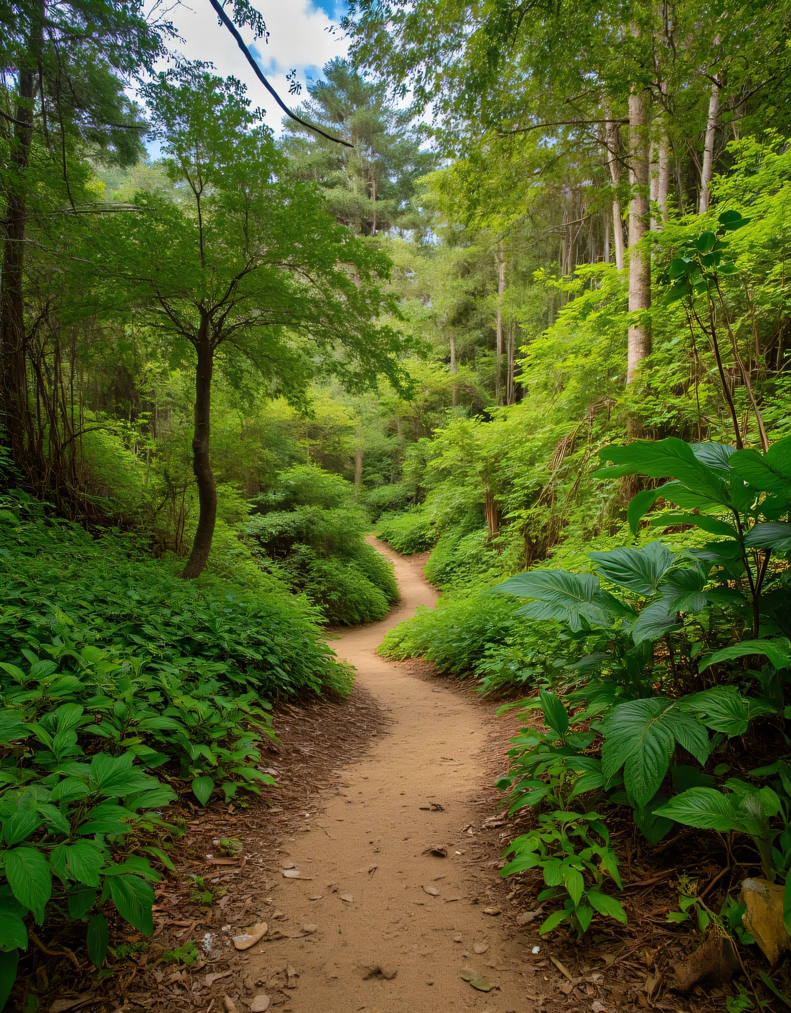 Create an ultra-definition photo image capturing a hyper-realistic portrayal of a deep rain tropical forest hiking trail. Emphasize the stunning intricacies of nature, employing a National Geographic photography style. Highlight the hyper-realistic textures of the foliage, the interplay of light and shadow, and the natural vibrant colors throughout the realistic scene. Focus on a mixed lighting concept that enhances the fullest depth and clarity of the image, showcasing it as an award-winning piece of nature photography. Ensure the final result is a RAW photo image of the highest quality, inviting viewers to immerse themselves in the serene beauty of this untouched hyper-realistic tropical wilderness.