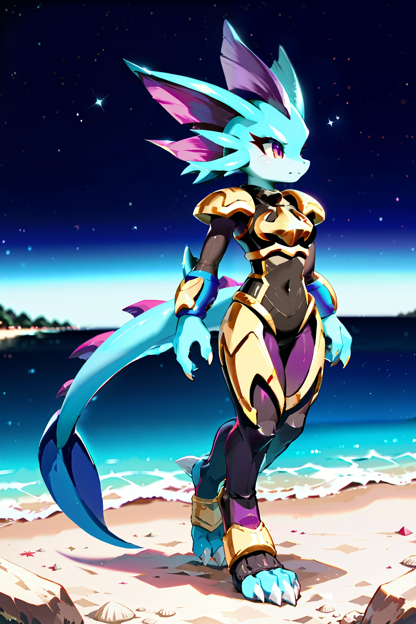 Anime, ((anime style)), solo drawing, solo ((at a beach at night)), ((walking from left to right)), ((night sky)), ((star filled sky)), ((vivid purple eyes)), ((draconic ear fins)), ((head fin)), ((tall figure)), ((blank expression)), ((digitigrade legs)), ((digitigrade feet with four toes)), ((highly detailed anime style)), clean lines, claws, Merga from freedom planet 2, female, light armor, ((blue skin)), ((blue hands)), black armor with gold trim, white claws, short muzzle, leg armor, ankle armor,  black leggings under armor, hands at sides