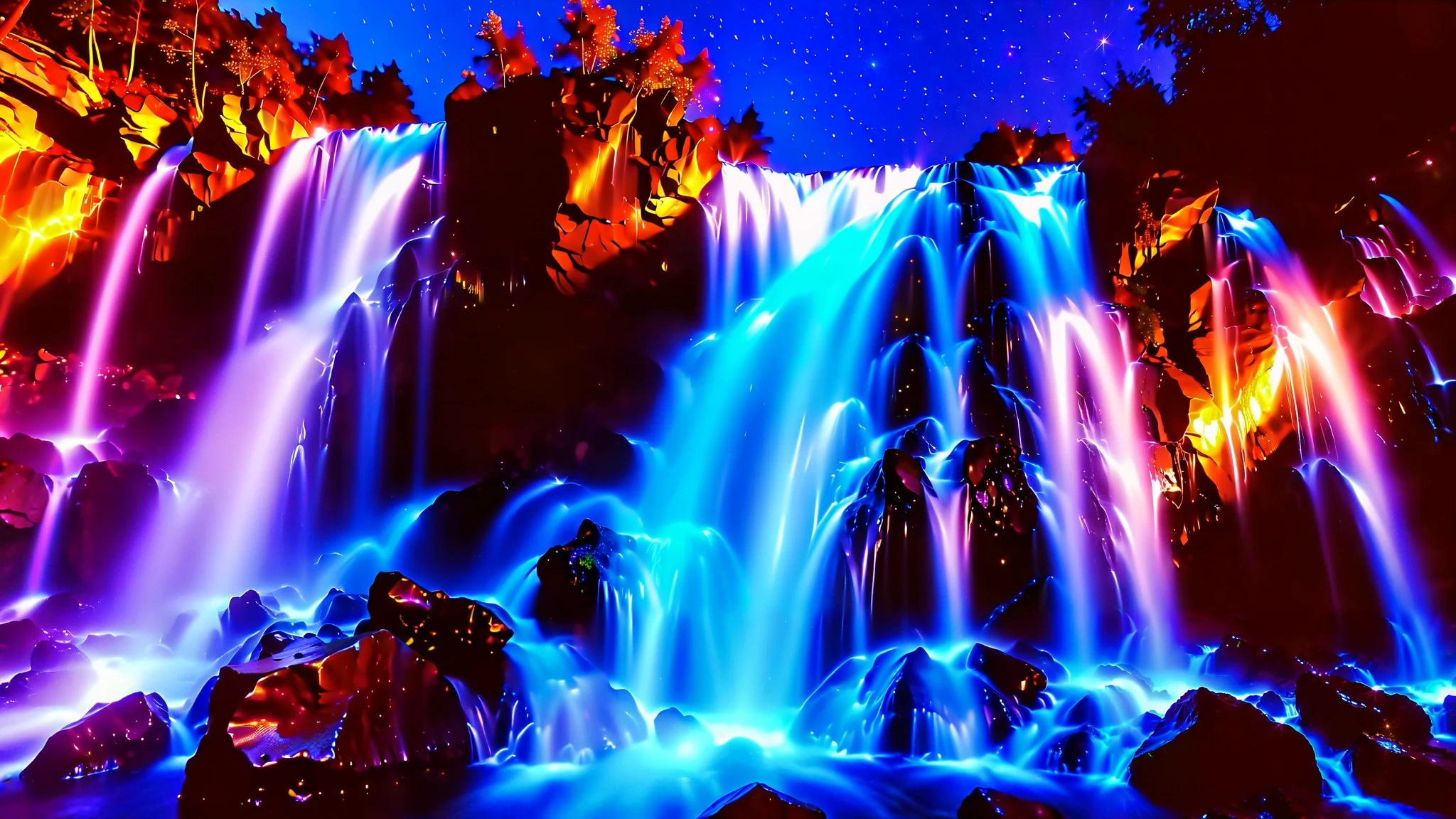 32K Resolution Masterpiece ,  top quality ,  super detailed, Extremely high resolution 32K wallpaper  , shot with a fisheye lens , the flow of many layers of waterfalls ,  cobalt blue luminescent waterfall, The rock shines fluorescent green , super detailedな特徴,  Awe-inspiring Details .  Spectacular Waterfall Falling Directly from the Starry Sky ,  Falling on Metal , Shining Cliff Surface .  Water Shines in Blue and Purple ,  Holographic Streams Intertwine .  The bottom of the valley is bioluminescent flowers and trees々Covered in,  Its Leaves Reflect the Light of Water .  Floating Spheres of Light Wrapping the Scene ,  Mysterious Addition ,  have an otherworldly atmosphere  ., countless stars in the background 々and galaxy clusters ,Mysterious charm,  mysterious atmosphere,
