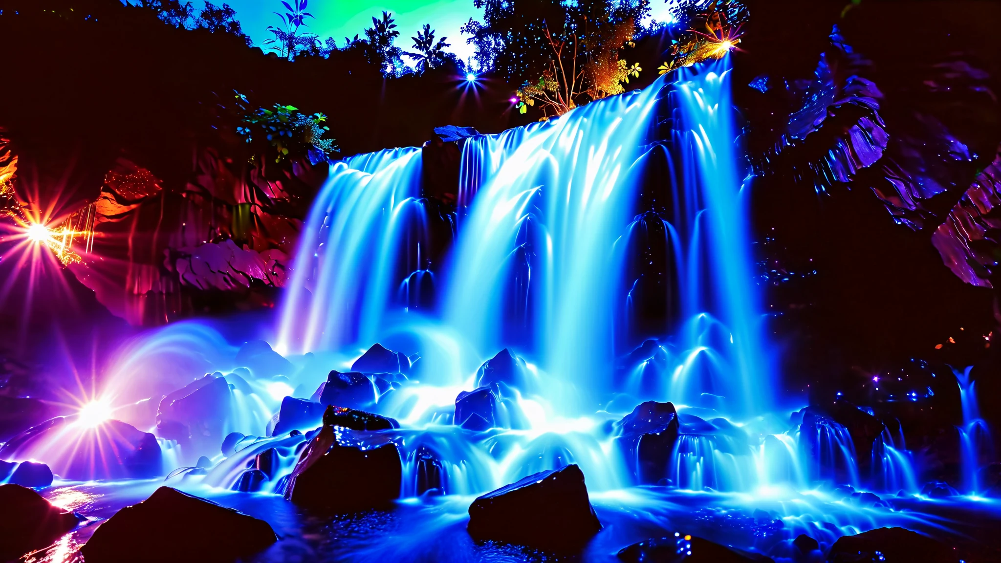 32K Resolution Masterpiece , top quality , super detailed, Extremely high resolution 32K wallpaper , shot with a fisheye lens , the flow of many layers of waterfalls , cobalt blue luminescent waterfall, The rock shines fluorescent green , super detailedな特徴, Awe-inspiring Details . Spectacular Waterfall Falling Directly from the Starry Sky , Falling on Metal , Shining Cliff Surface . Water Shines in Blue and Purple , Holographic Streams Intertwine . The bottom of the valley is bioluminescent flowers and trees々Covered in, Its Leaves Reflect the Light of Water . Floating Spheres of Light Wrapping the Scene , Mysterious Addition , have an otherworldly atmosphere ., countless stars in the background 々and galaxy clusters ,Mysterious charm, mysterious atmosphere,
