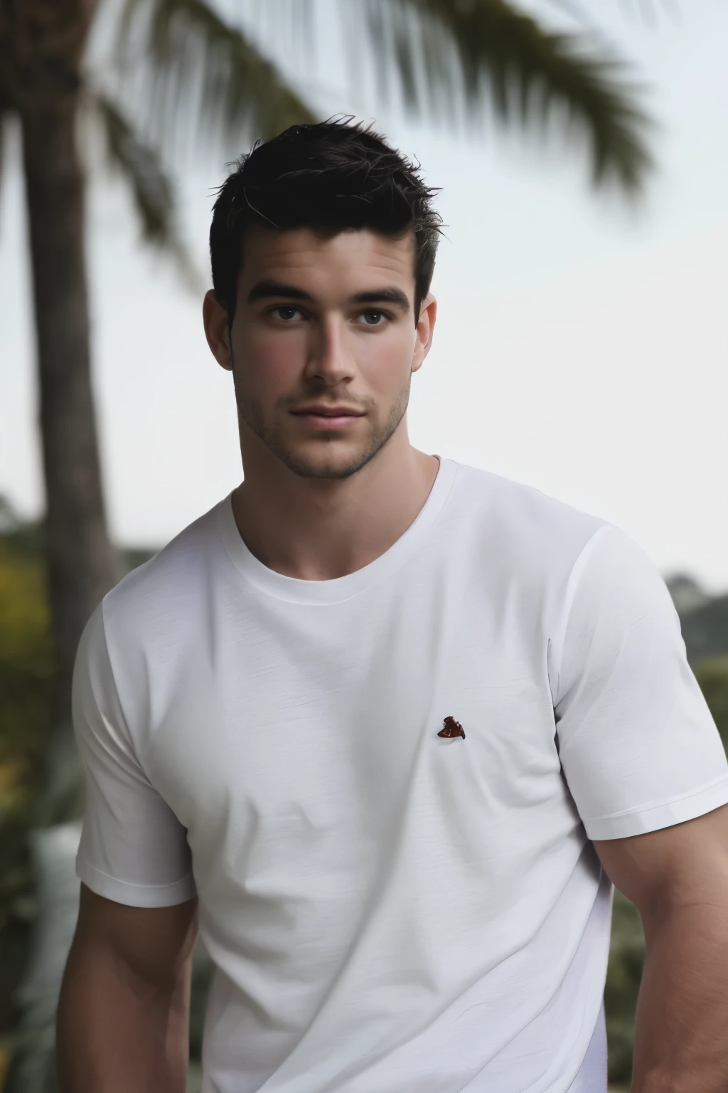 Raw Photo , photos of men , portrait , (facial feathers ) high-resolution handsome man, is very detailed, white t-shirt, (look at viewer) natural morning , sunburn , blurred background , outdoor , bernardovelasco , ( masterpiece , best quality :1.5)Alone,