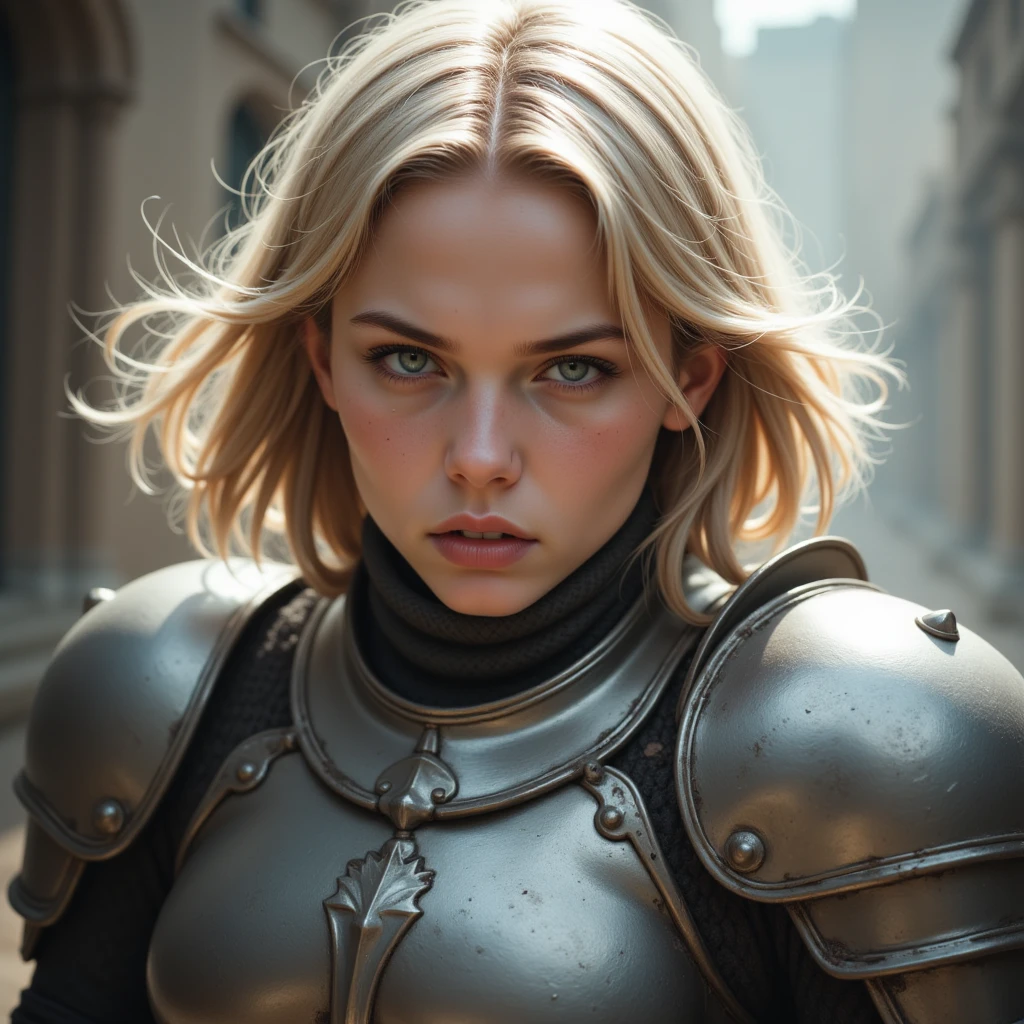 8k, high detail, photo, DSLR, short focal length, girl, blonde hair, ponytail, high detail eyes, angry, knight armour, light attenuation, rain, scar on face, battle damaged armour, wet.