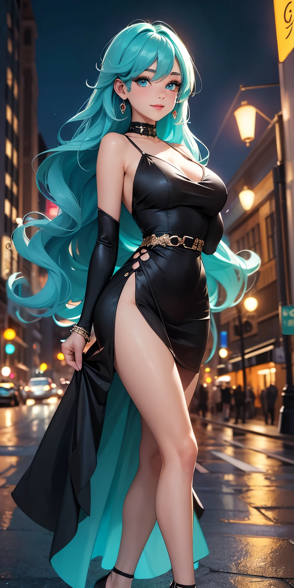 shot from behind, attractive and alluring female erotic dancer is showing off her ass in stage, confident, smiling, teasing with her tongue, sensual pose, shoulder-length green hair, wearing dark dress and dark tights that reach halfway up her thighs, night club, slim, fit, sexy thighs