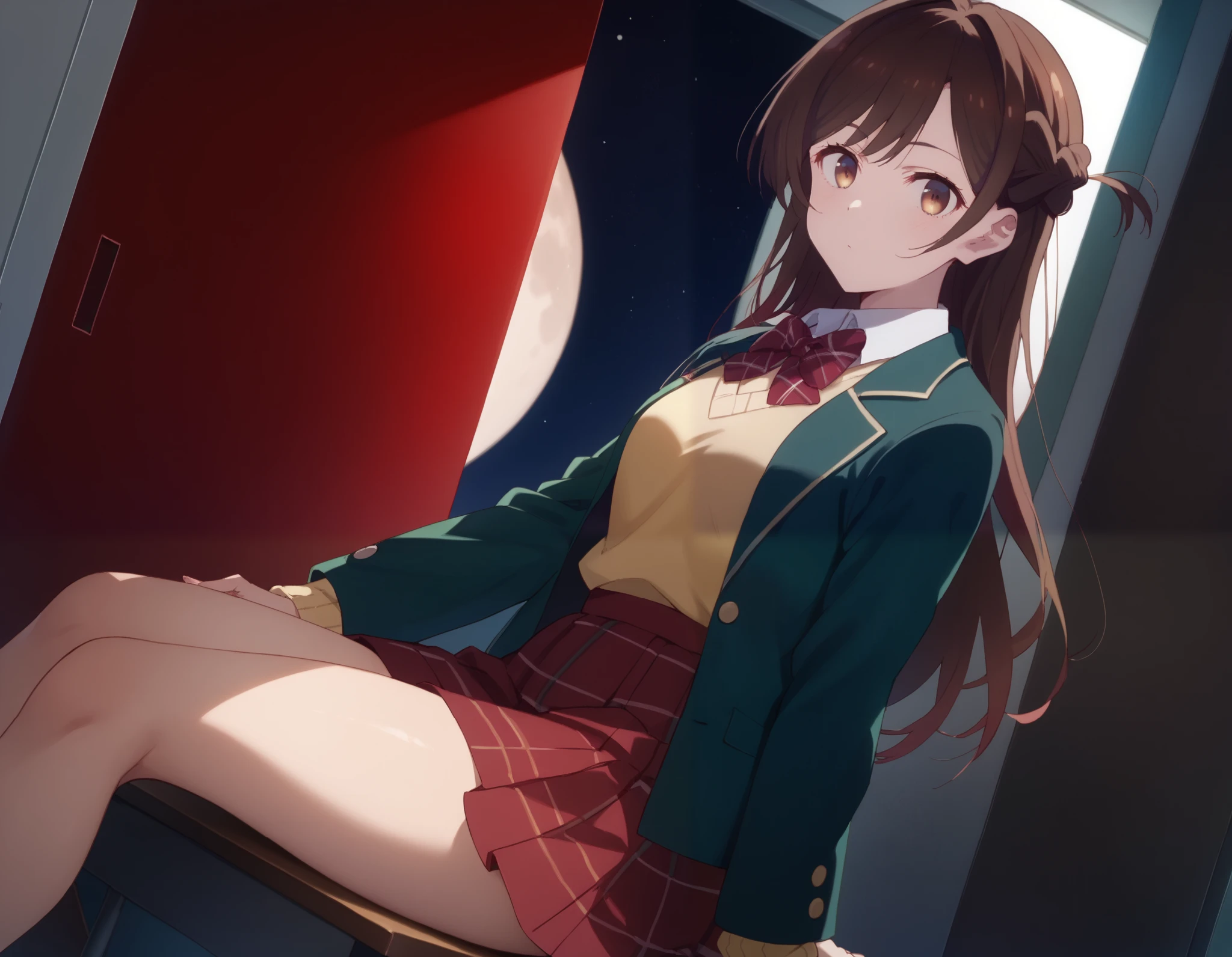 and stare at the viewer, Alone, Chizuru Ichinose, 1 girl, brown hair, long hair, French Braid , brown eyes, School, green jacket, yellow sweater , bow tie, plaid skirt that breaks small breasts, red skirt, Black Sox, In a completely dark room, locker, window_,Midnight circa 12:00 , Moon and Stars, close-up shot、Thick, puny thighs、 holding your knee