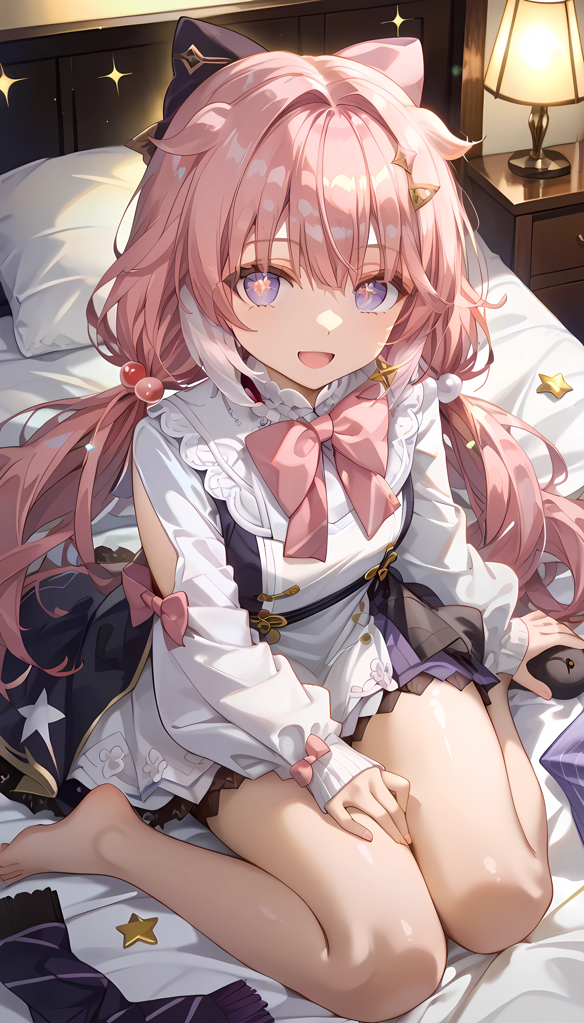 score_9,score_8_ up the side,score_7_ up the side,encore_(wathering _Wave), 1 girl,purple _Eye , pink_hair,alone,smile,open_mouth,length_hair,stupid hair, accurately _in_viewer,low_ twin tails,bowtie,hair_intakes, Virtual _ youtuber ,hairclip,, up the sideper_body,Departed_ sleeve, pink_bow,Sparkle, symbol-shaped_P UP THE SIDEILS ,Star_\( symbol\), Shiny Eyes , 美しいEye , enchantment, erotic, shiny skin thighs, sexy, , 詳細な美しい顔とEye , dynamic lighting, night , bed, viewers,from above, kneeling, seductive smile,
